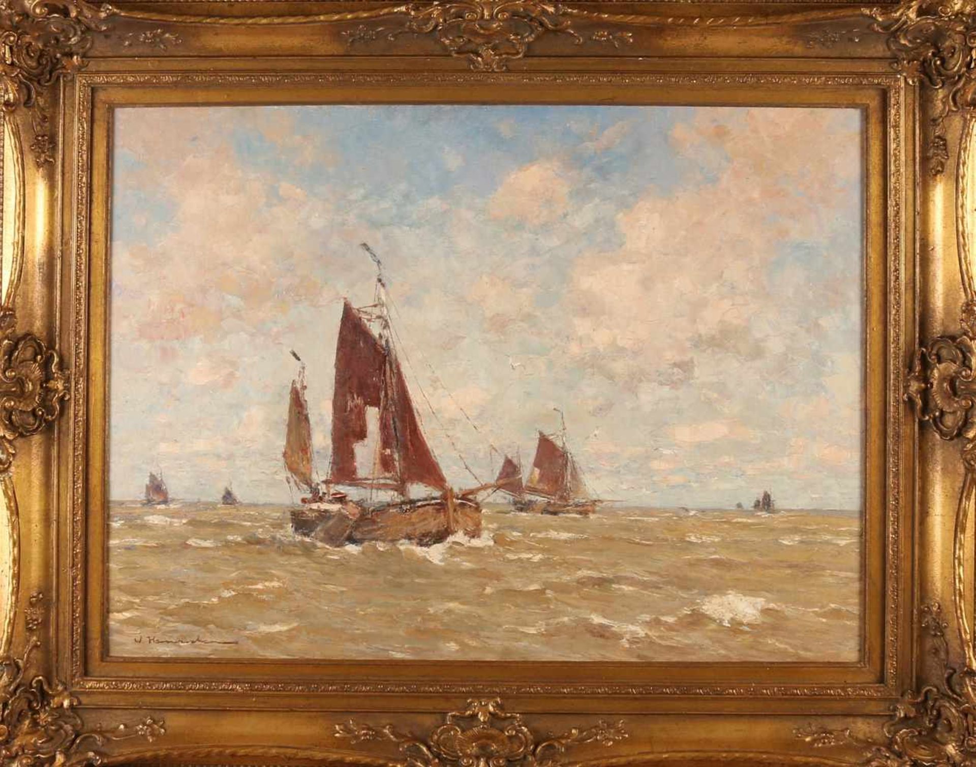 Wilhelm Hambüchen. 1869 - 1939. Dutch fishing boats at sea. Oil on linen. Size: 60 x H, B 80 cm.