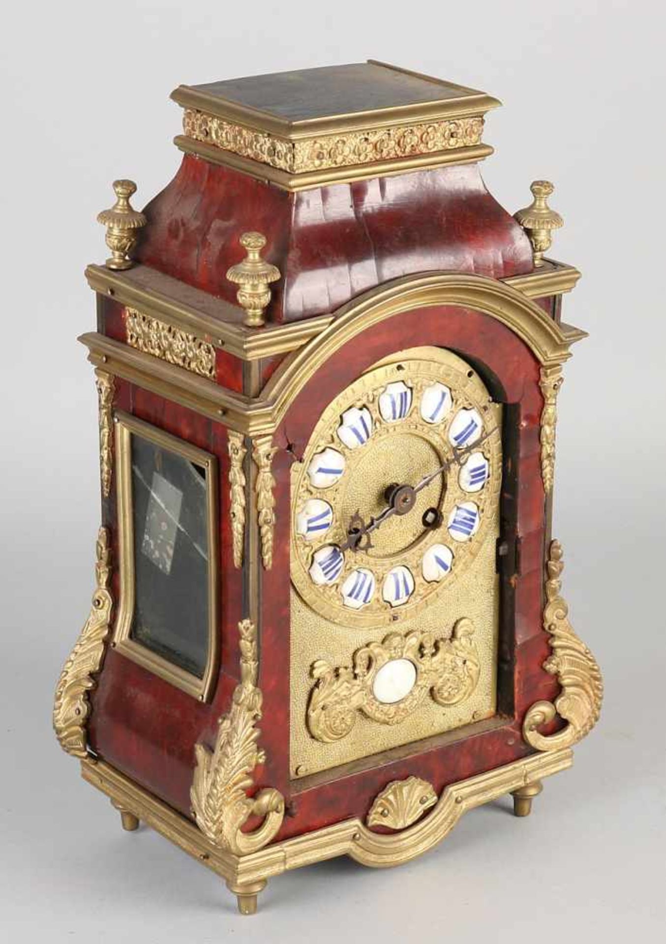 19th Century French tortoise glued religious clock with gilt bronze ornaments. Eight day-movement,