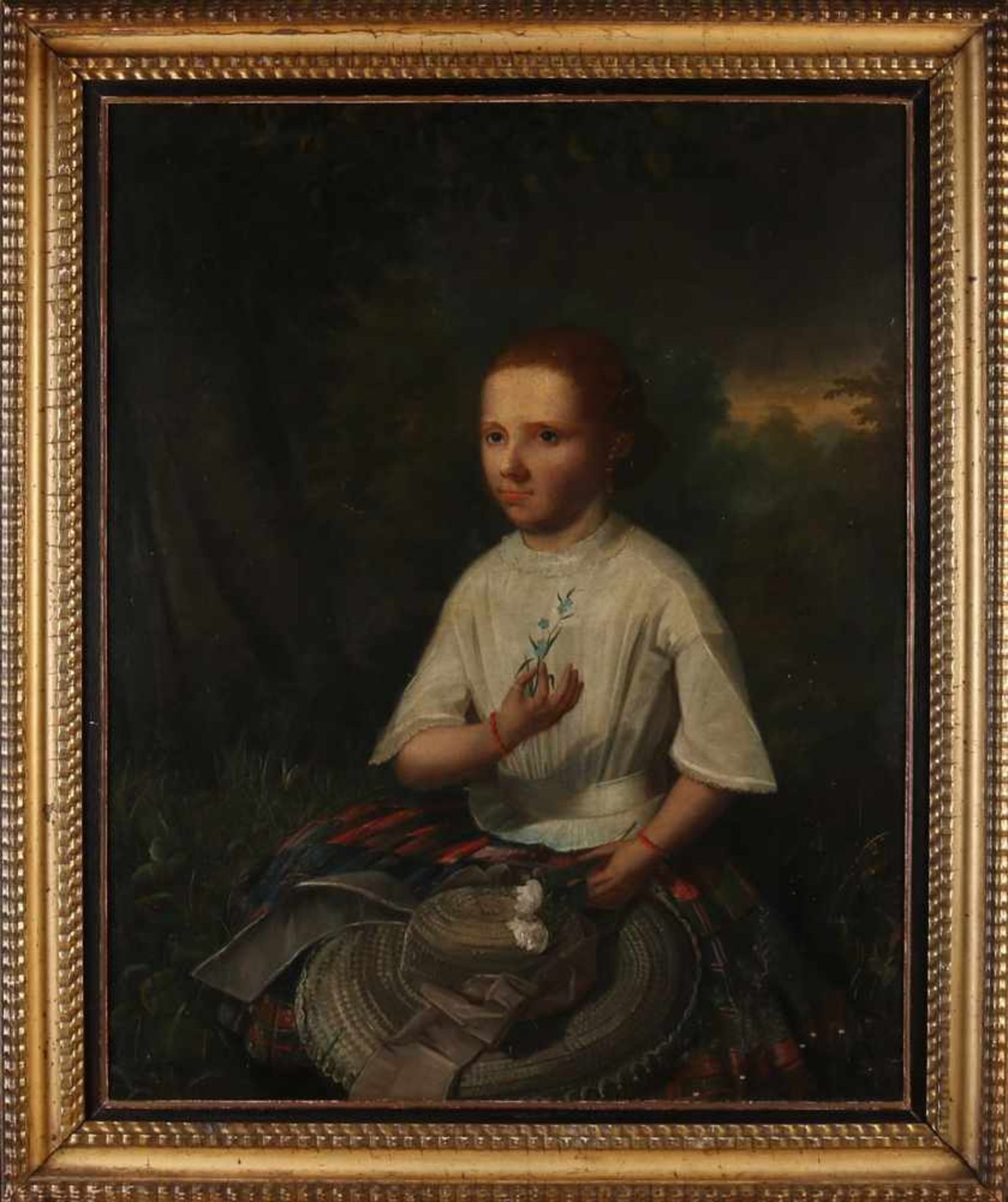 W. Etty English school girl with flower hat and 19th century. Oil on canvas and relining craqulee