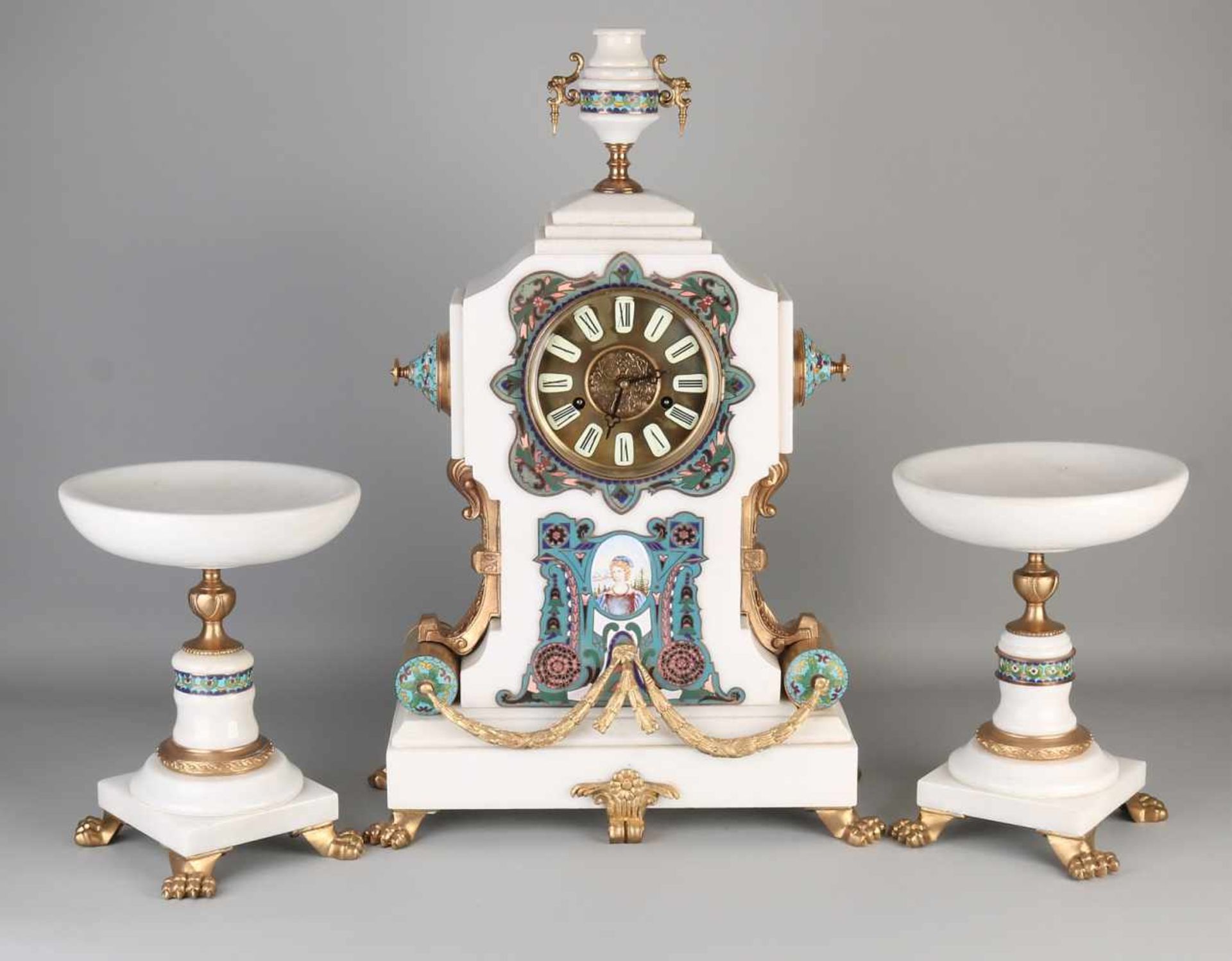 Capital white marble Art Nouveau-style clocks couple with bronze and cloisonne. Second half 20th