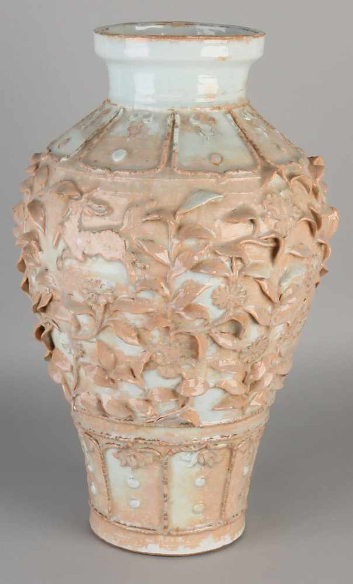 Large Chinese porcelain vase with flowers reprocessed. White-brown glaze. Minimal enamel damage.
