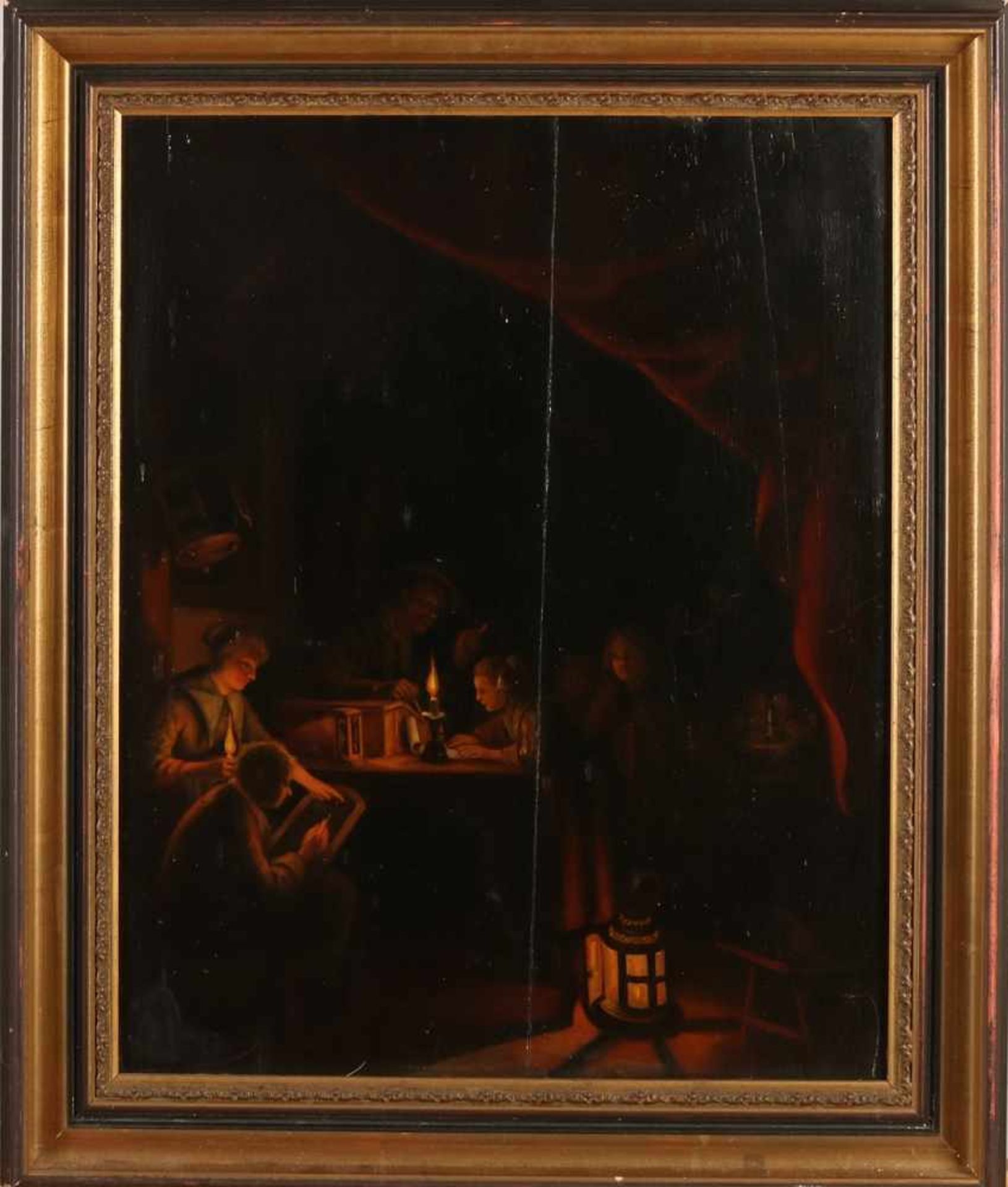 Unclear signed. 19th century. Figures by candlelight. Oil paint on panel. Verso geparketteerd. Size:
