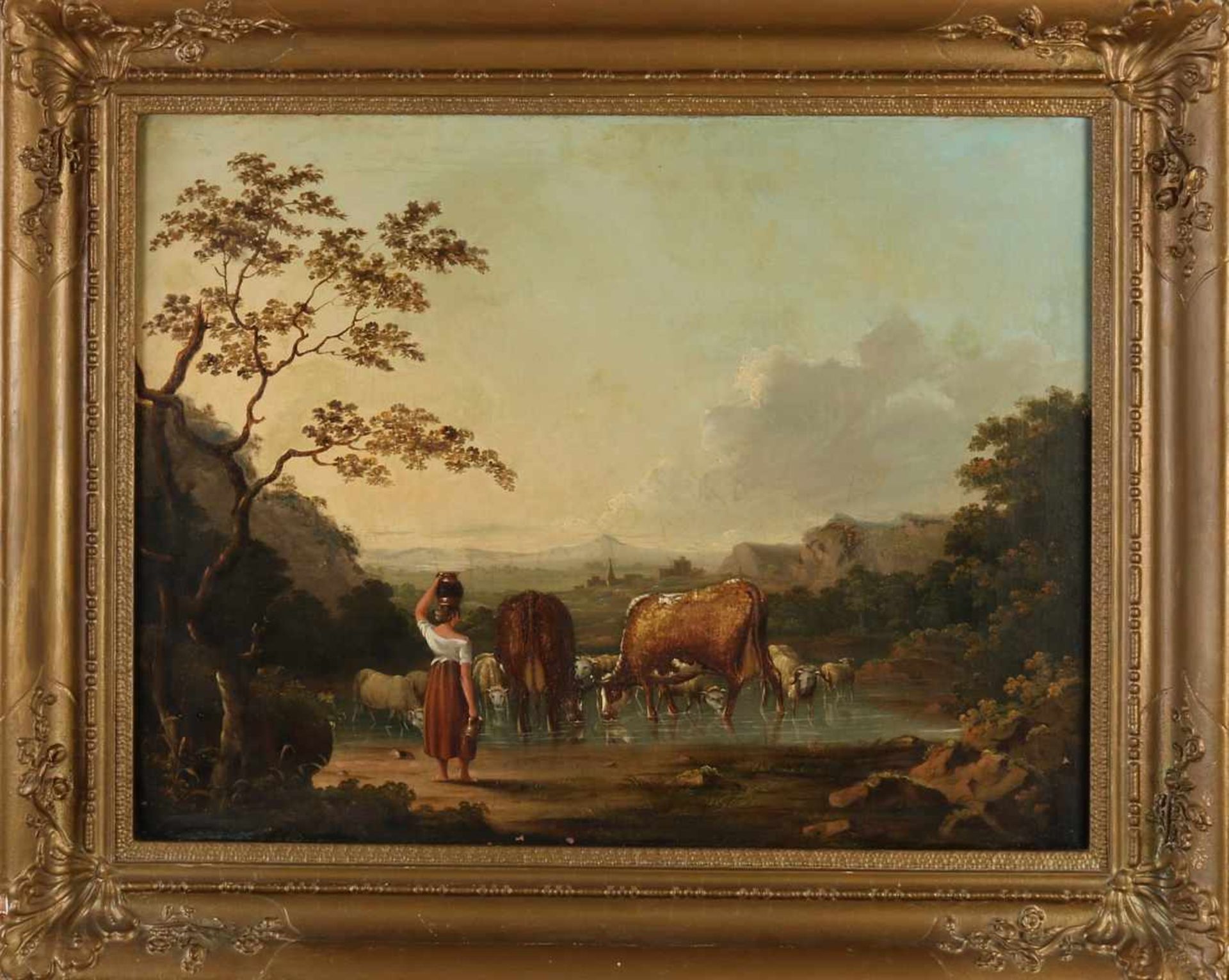 Unsigned? Circa 1800. Two landscapes. Berg rural landscapes with cattle and figures. Oil on linen.