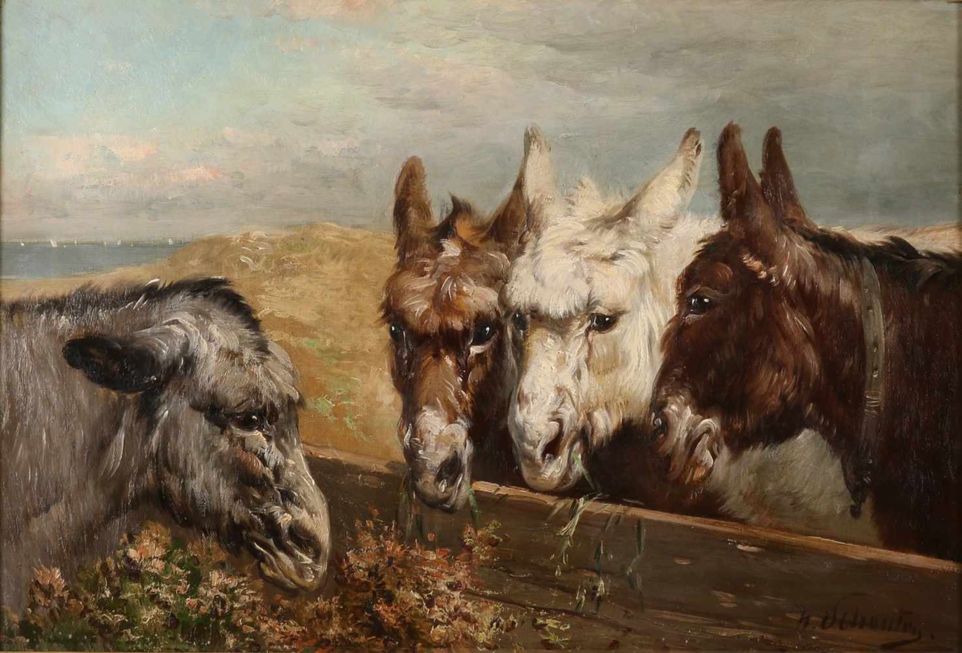 Henry Schouten 1857-1927 Belgian school. Good work by four donkeys in the dunes, oil on canvas - Bild 2 aus 2