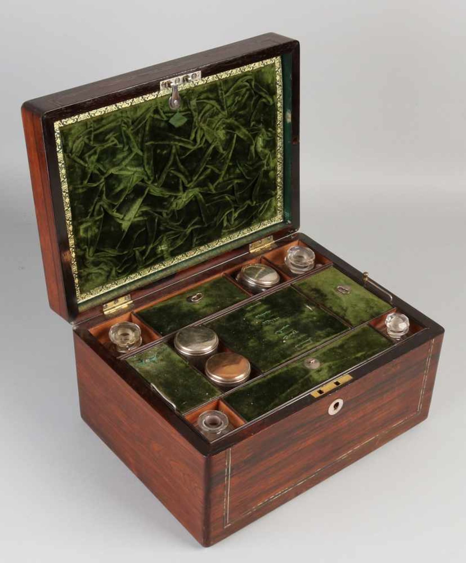 19th Century rosewood toilet box with pearl intarsia. With vials + partitioning, basement and