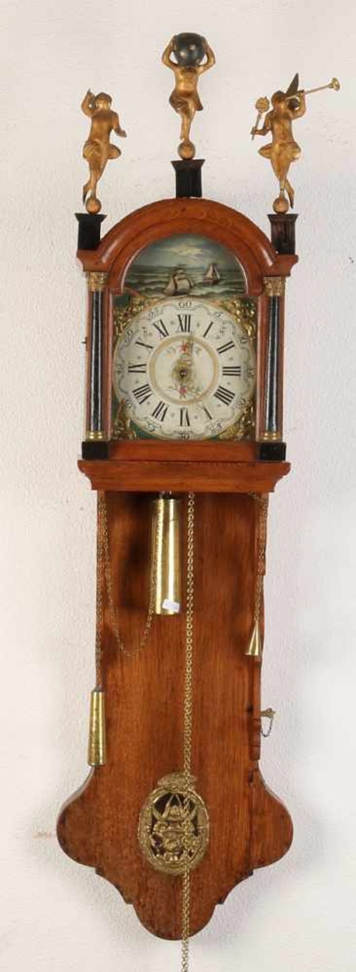 19th Century oak Frisian clock mechanism with boats. moving two ships. With alarm. Size: 110 cm.
