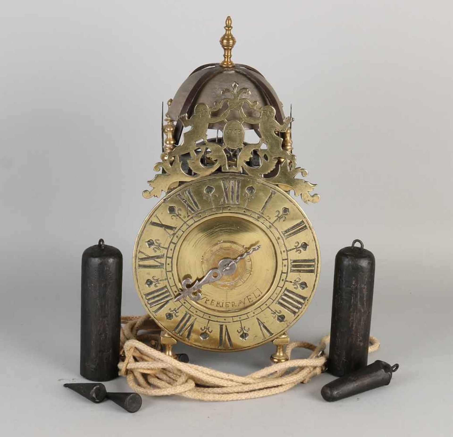 Dated 18th century French brass lantern clock with verge escapement. Anno 1763. Duperier Aveli.