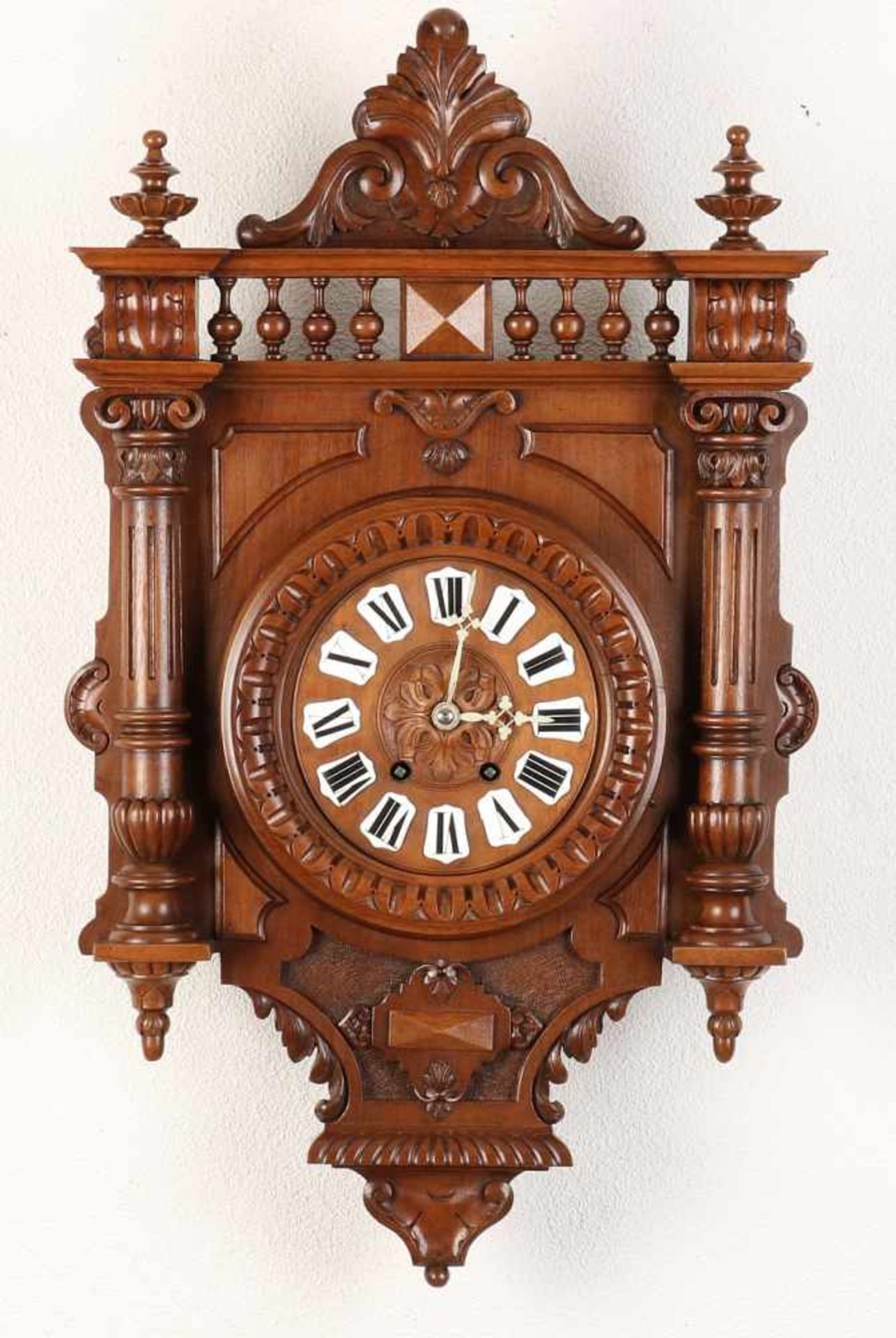 Large 19th century walnut clock barometer. With full columns, enamel dial and cartouches. Eight