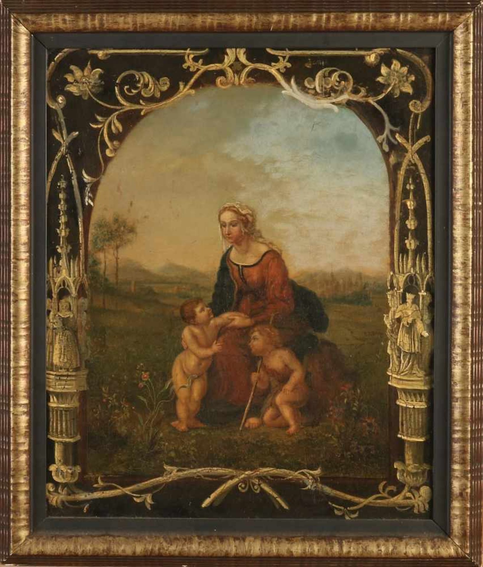 Unsigned. Circa 1800. Baroque painting with women and putti in landscape. Some inschilderingen.