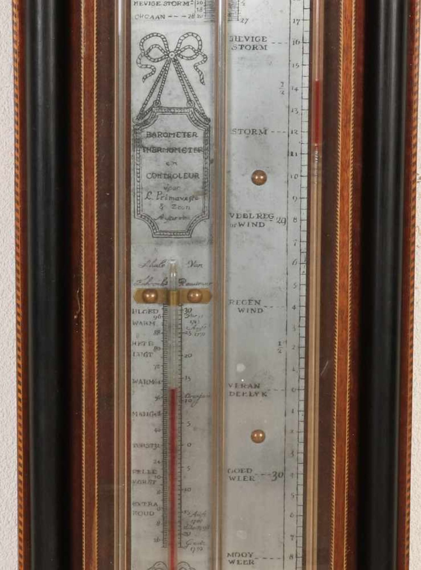 Dutch Empire executed Louis XVI style mahogany barometer with intarsia, tin plate, half-columns with - Bild 3 aus 4