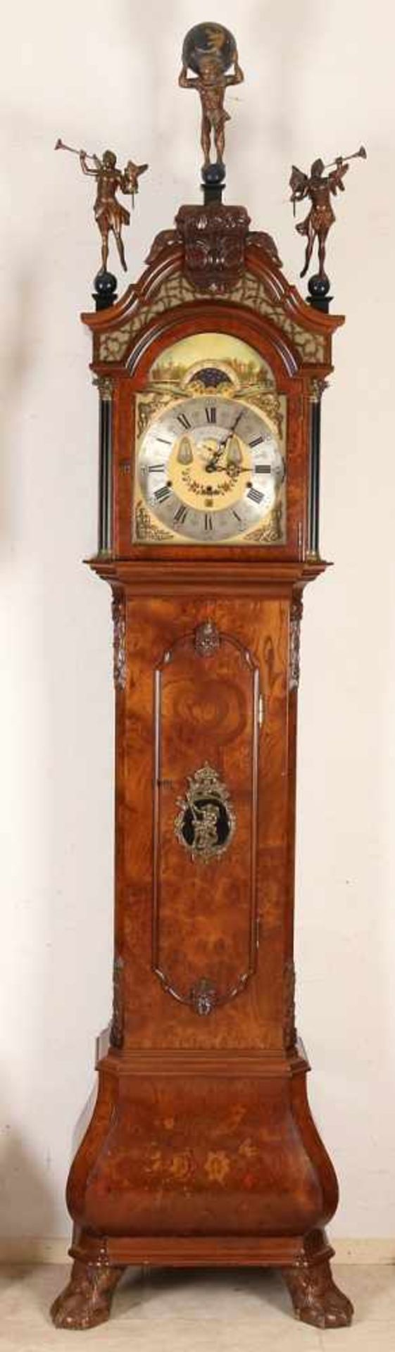 Amsterdam standing clock with walnut clock case WUBA brand. Westminster percussion, with moon phase,
