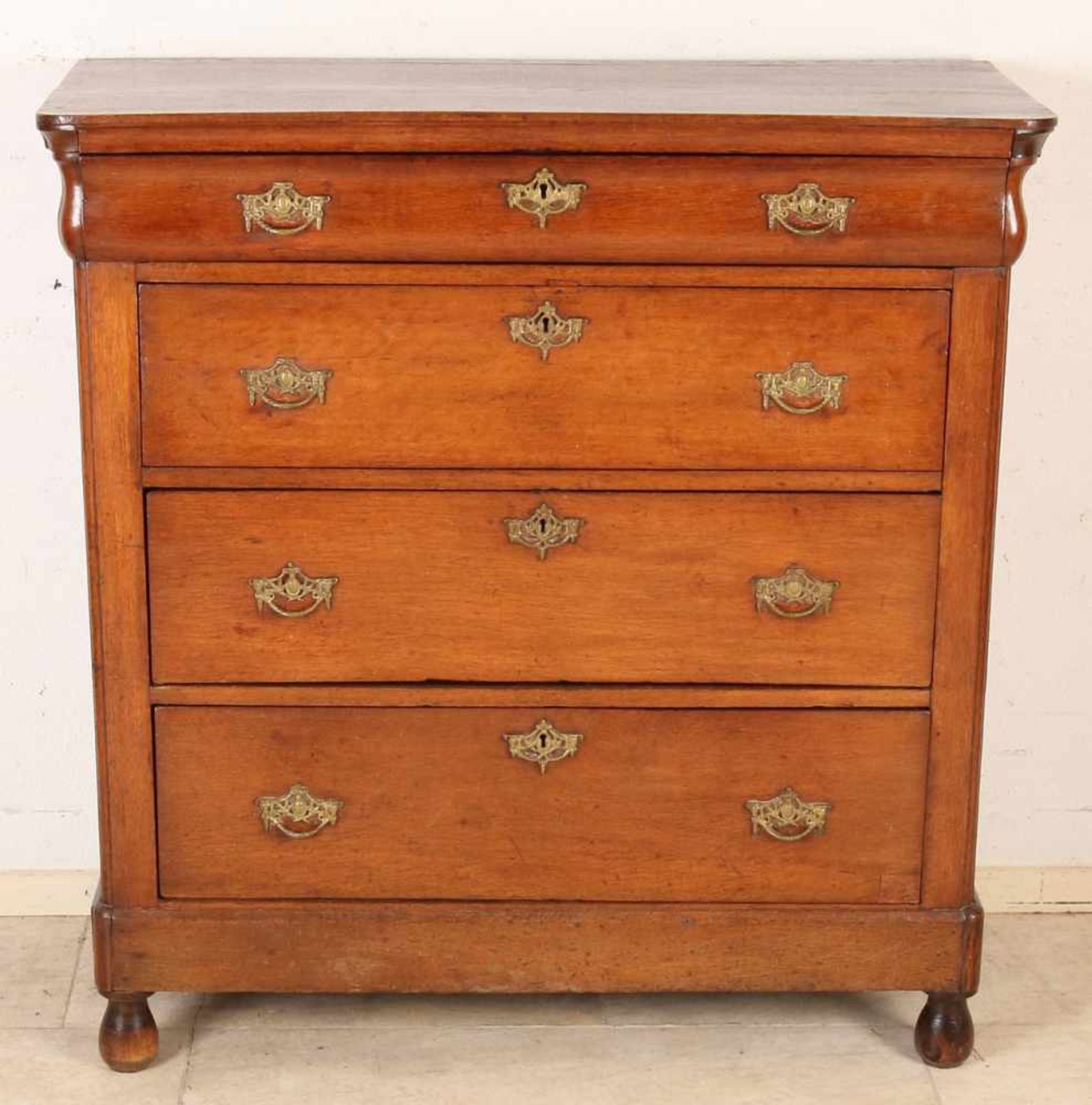 Antique Dutch oak four-drawer commode with bronze fittings. Approximately 1840. Size: 105 x 100 x 45