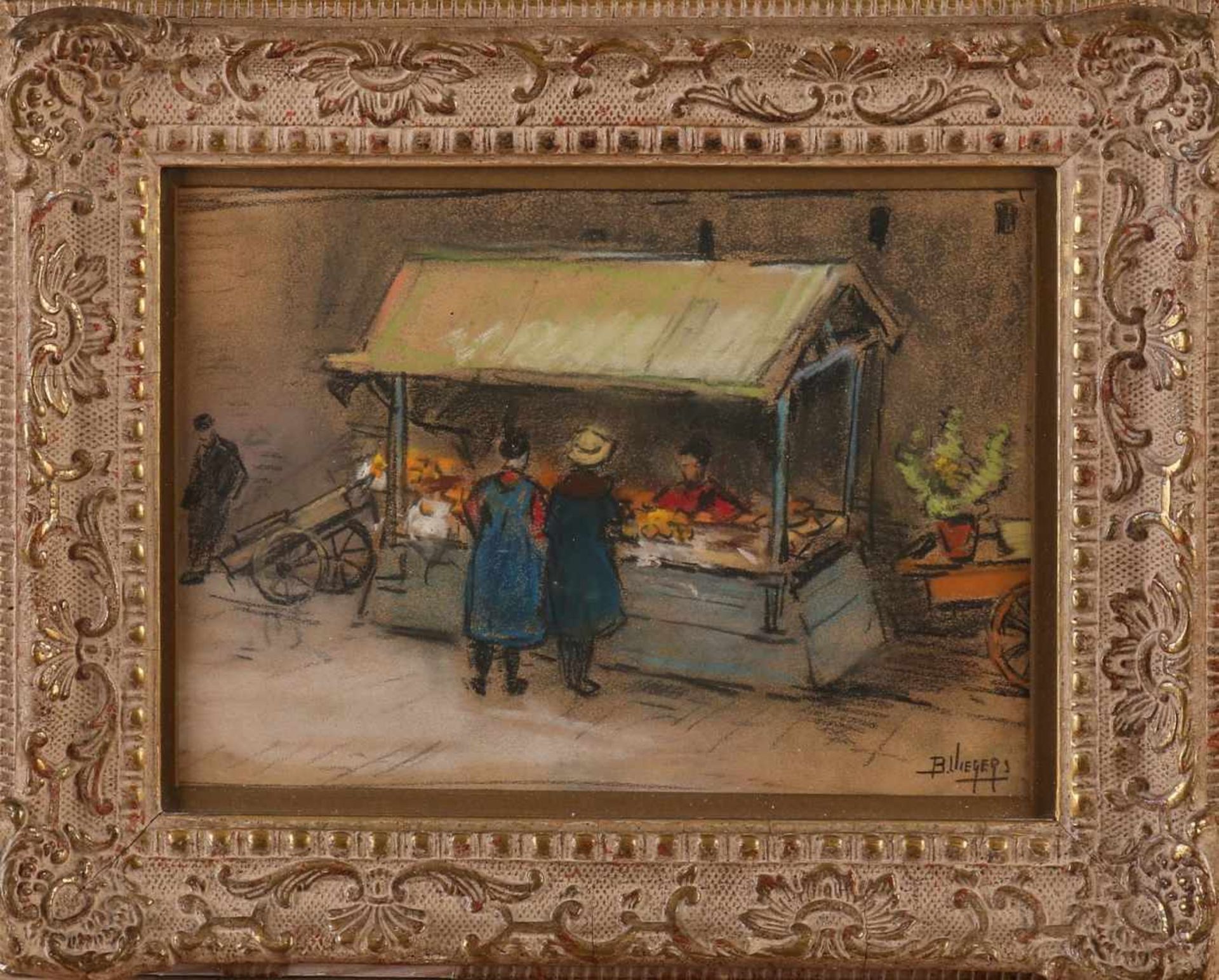 Ben Viegers. Stall with Figs. Pastel on paper. Size: 18 x H, B 25 cm. In good condition.