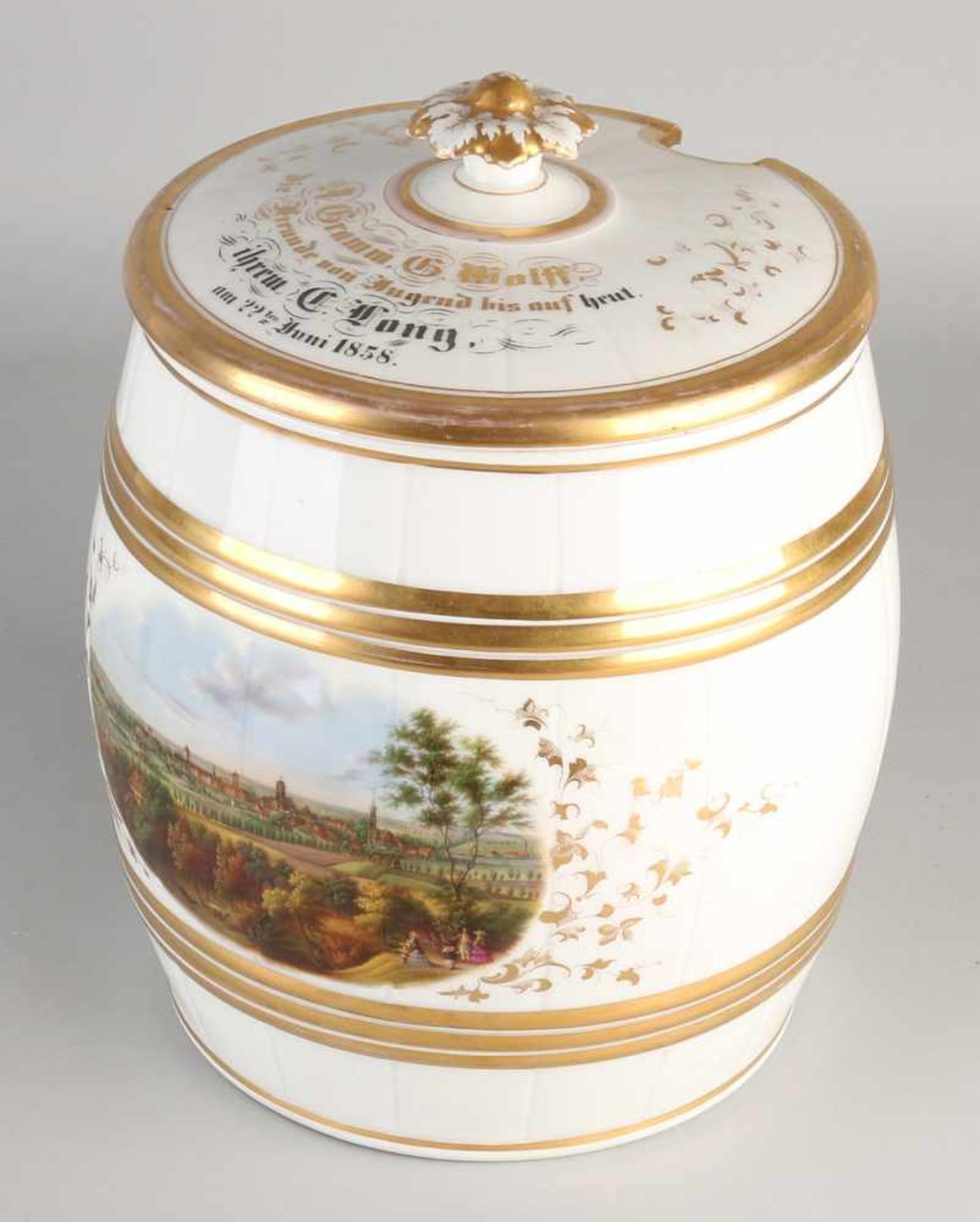 Large 19th century German KPM porcelain lidded with hand-painted landscape and gold decor.