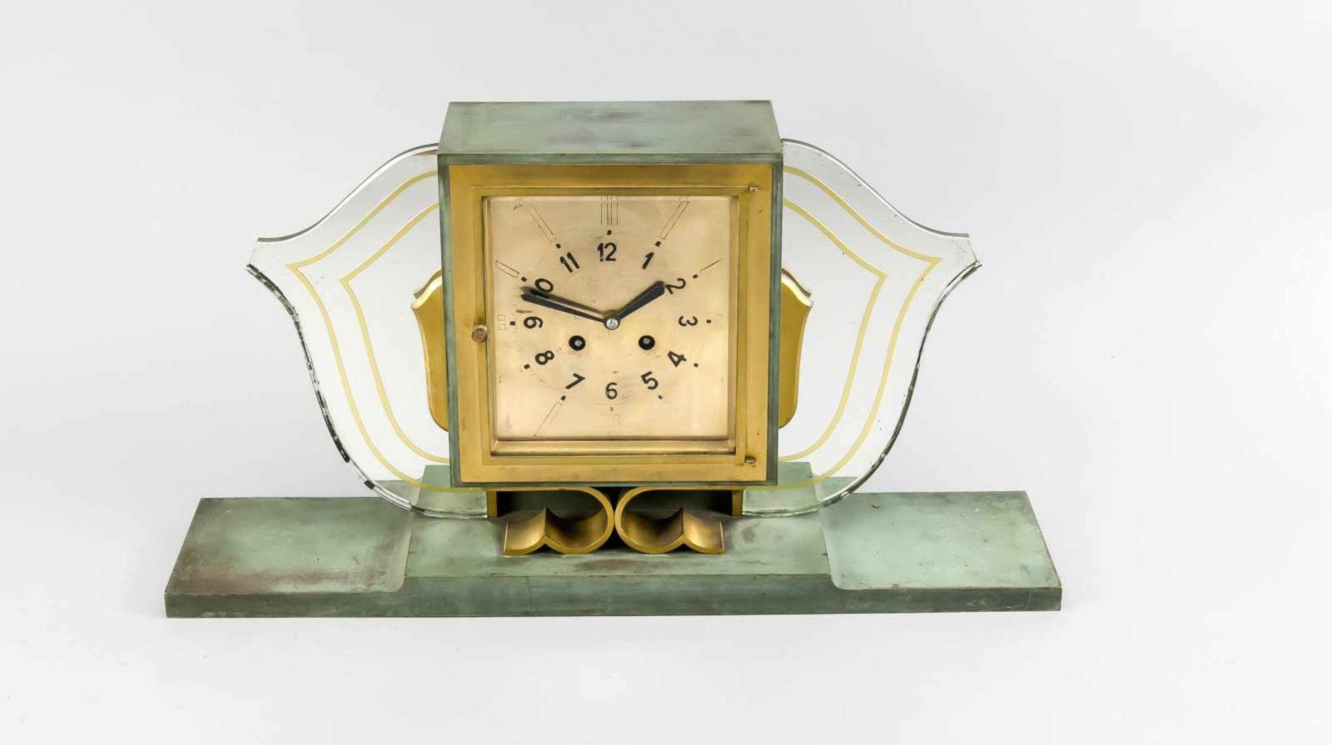 Heavy bronze Art Deco mantel clock with mirrors on both sides. Green patina. Eight day-movement,