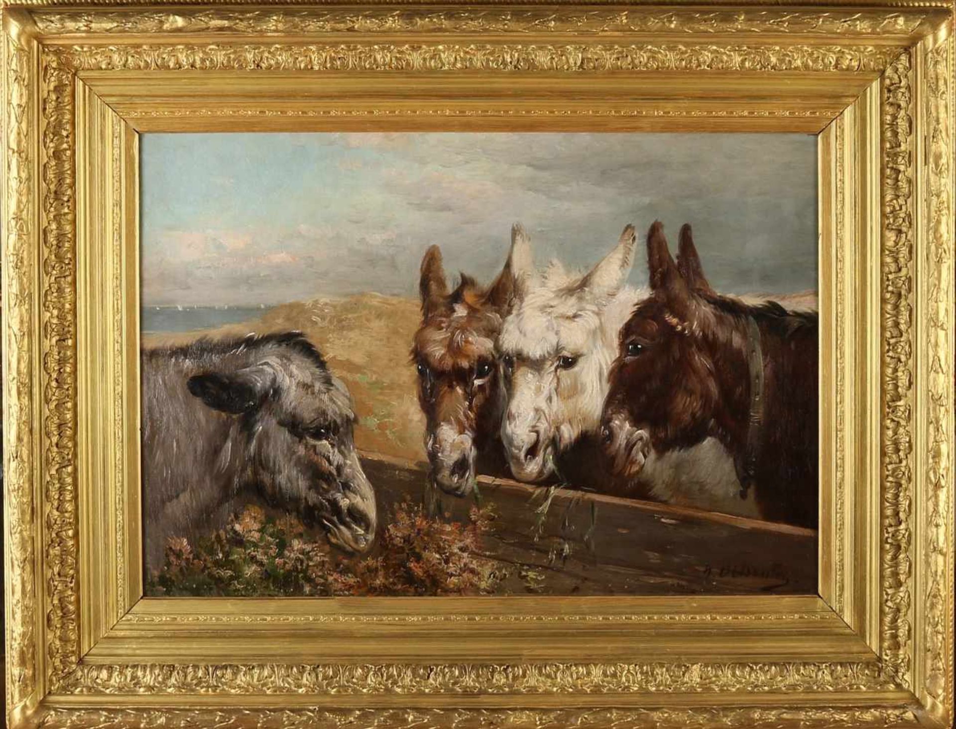 Henry Schouten 1857-1927 Belgian school. Good work by four donkeys in the dunes, oil on canvas