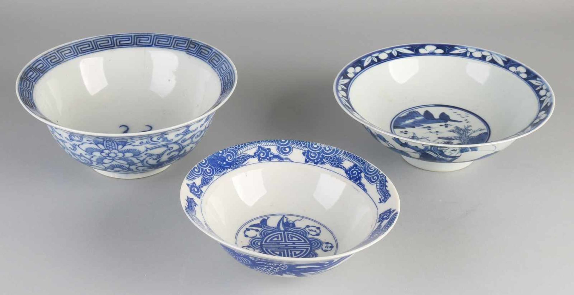 Three antique Chinese porcelain bowls. One time in paradise + bottom mark, circa 1900, good. One