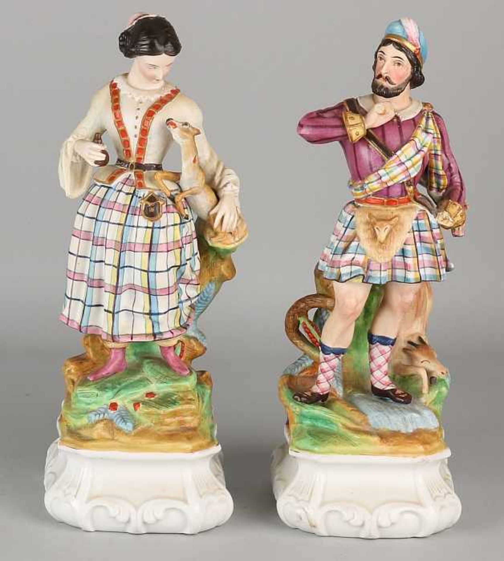 Two 19th century English bisquit porcelain figures. One hand missing. Deer leg missing. Size: 27-