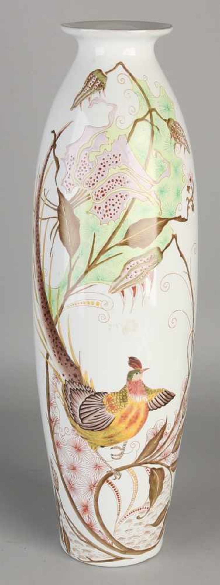 Large Art Nouveau porcelain vase with floral decoration and gold pheasants. Signature Rozenburg