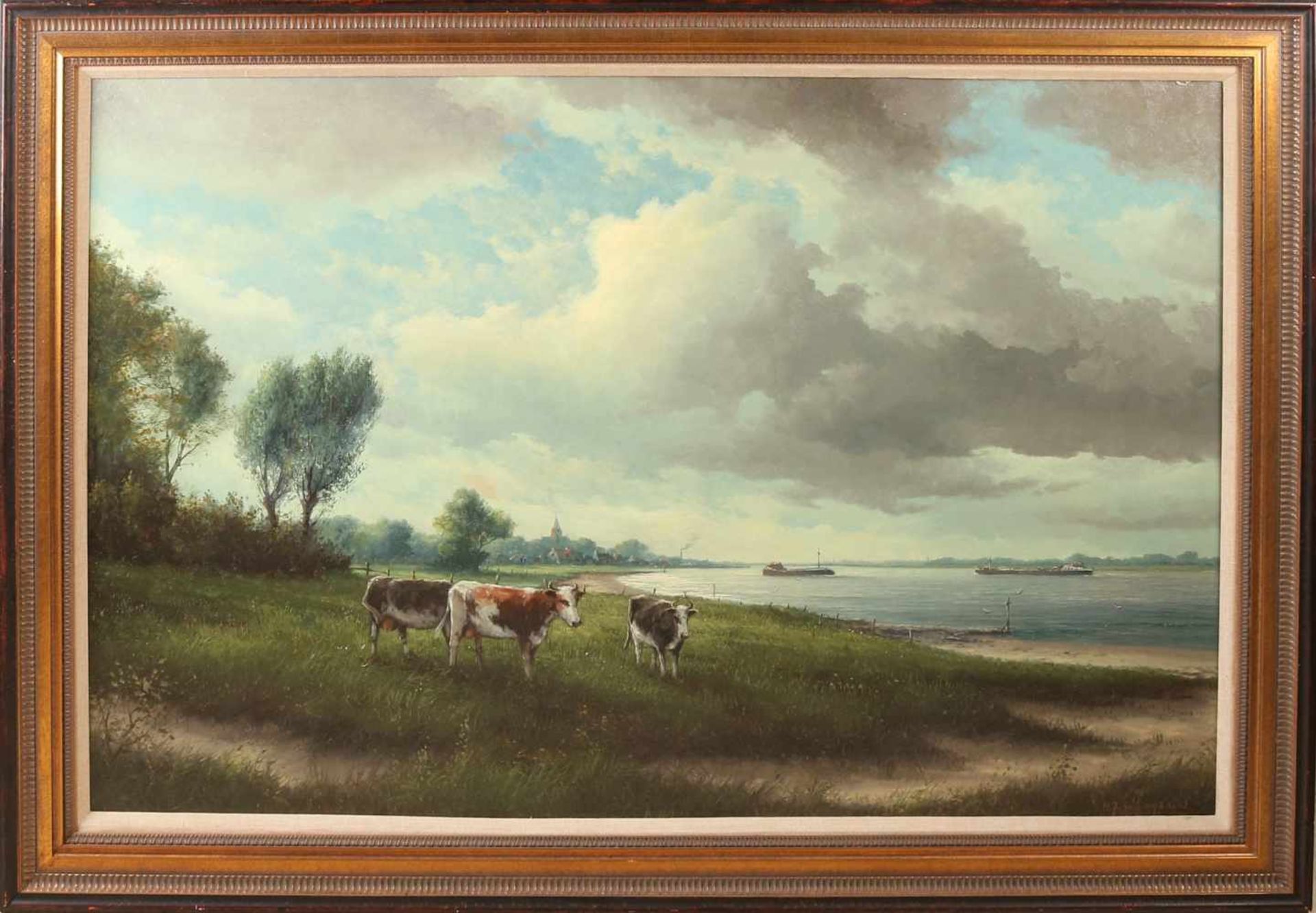 Joseph Herman Vineyard 1922 to 2012. Ijssel Face with cows along the shore. oil on canvas. 80x120 cm