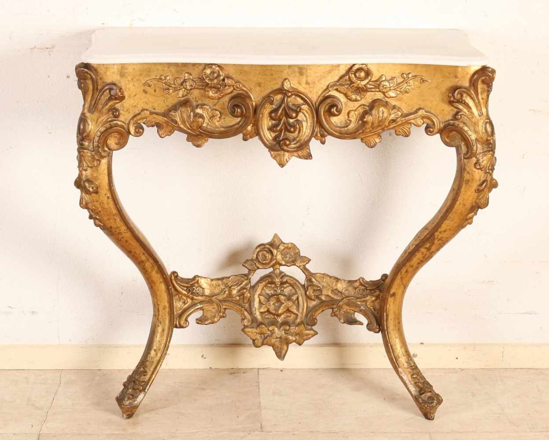 18th - 19th Century gilt console table with marble top. Some damage. Size: 80 x 40 x 27 cm. In