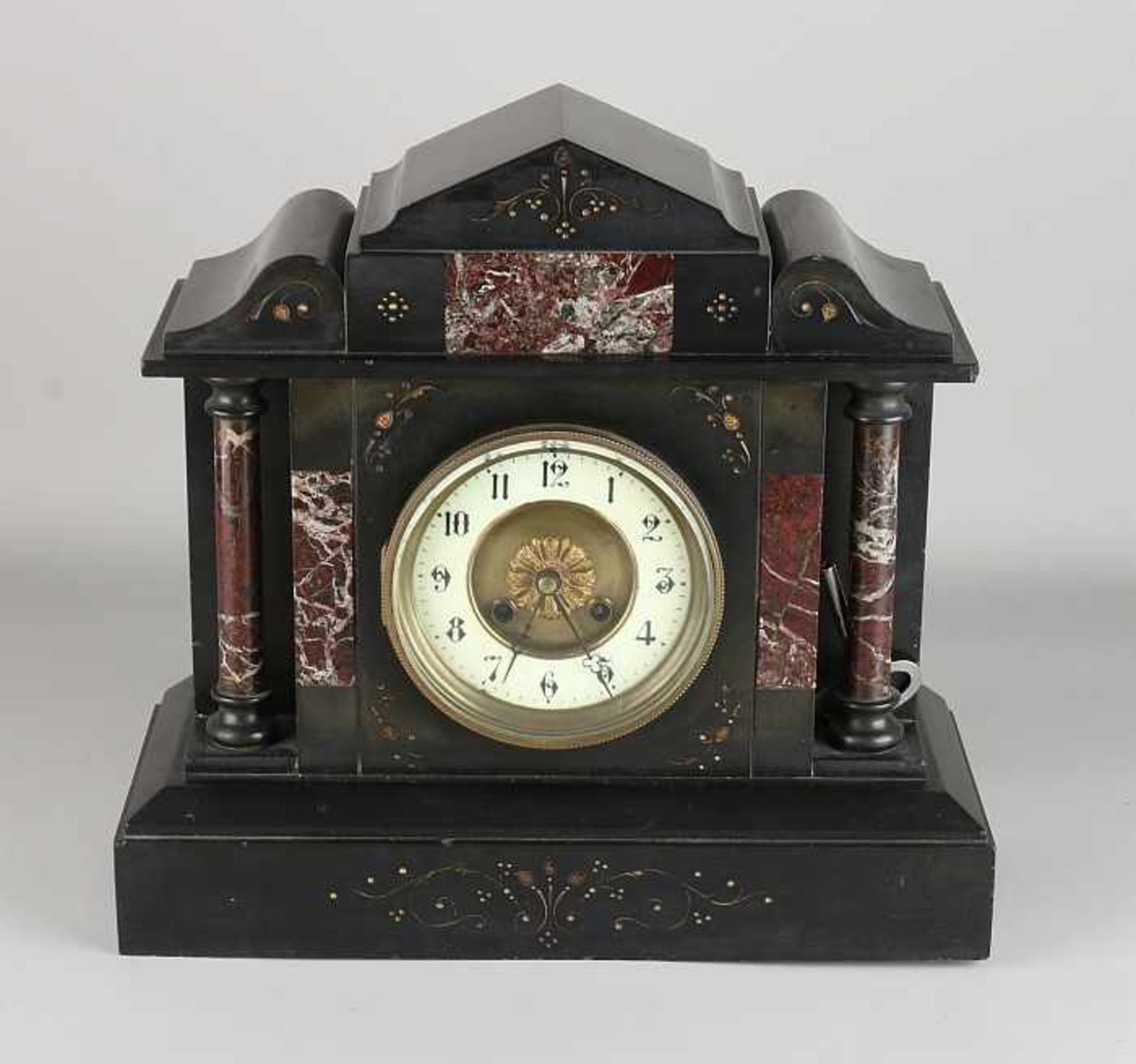 Antique French marble mantel clock. Eight day-movement, half-hour battle on coil gong. Approximately