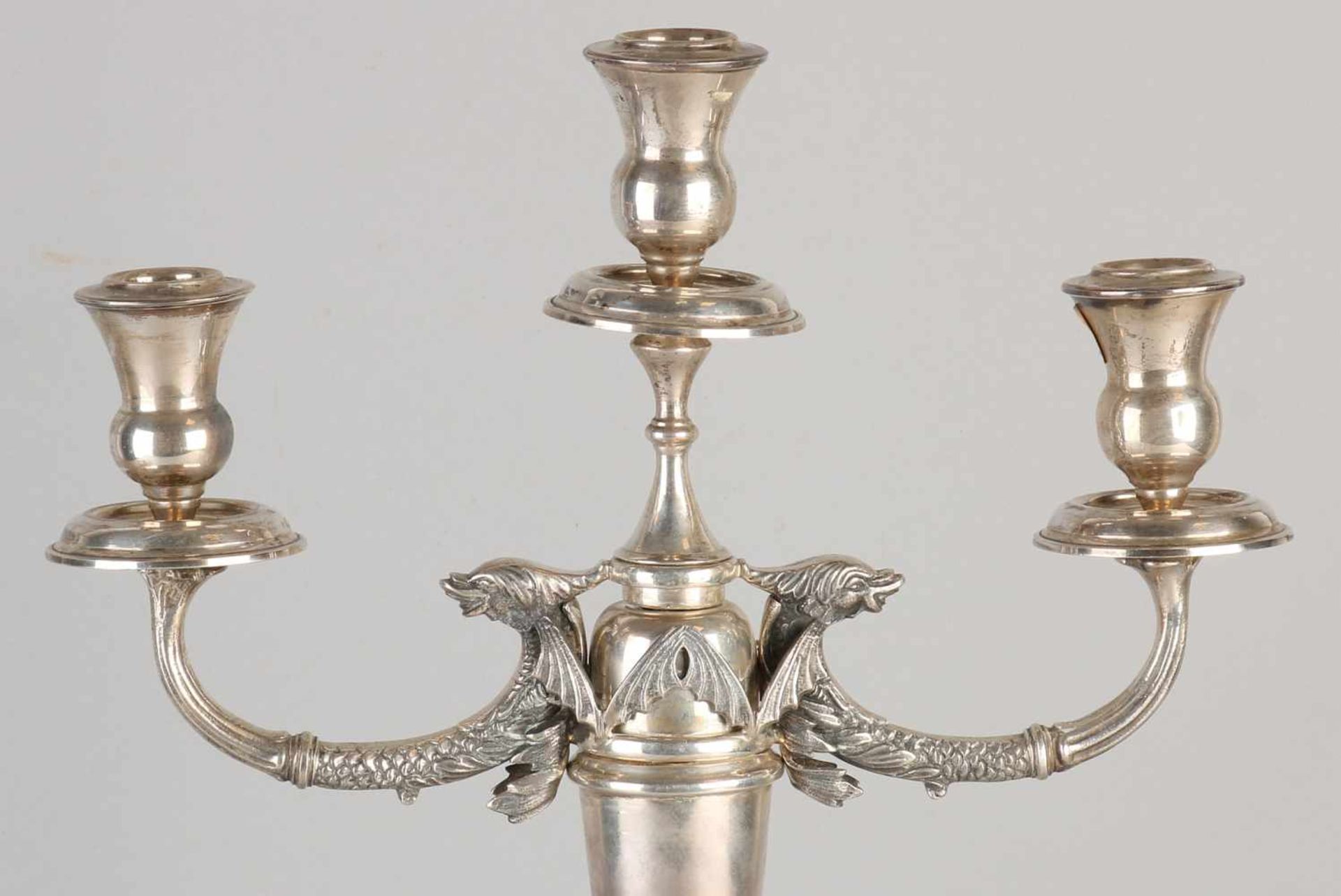 Imposing silver candlestick, 900/000, 3 light, with two arms in the form of winged dolphins. The - Bild 2 aus 3