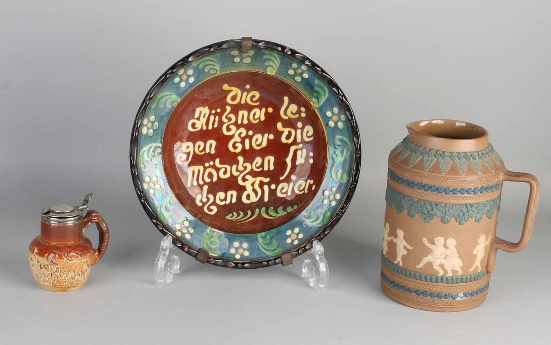 Three times antique German / English pottery. Consisting of deep ceramic plate with spell 19th