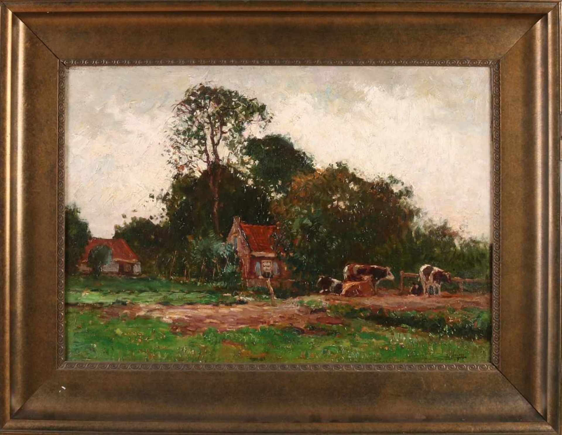 Ben Viegers. 1886 - 1947. Farm with cows. Damages. Oil on linen. Size: 40 x H, B 60 cm. In fair / - Bild 2 aus 2