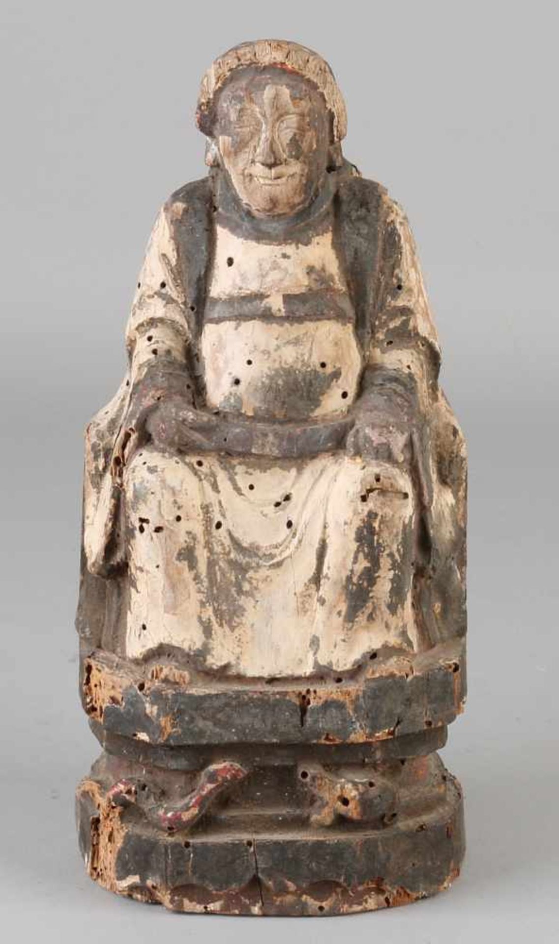 Ancient China wood inserted gepolychomeerd Fig. Buddha on pedestal with hose and turtle. 18th - 19th
