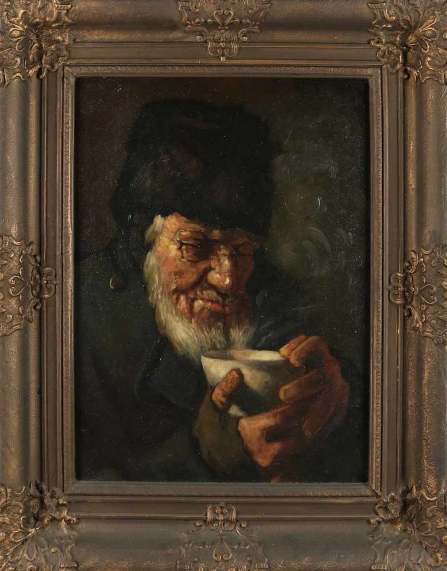 Unsigned. Circa 1930. Jewish man drinks tea. Oil on linen. Size: B H 50 x 40 cm. In good condition. - Bild 2 aus 2
