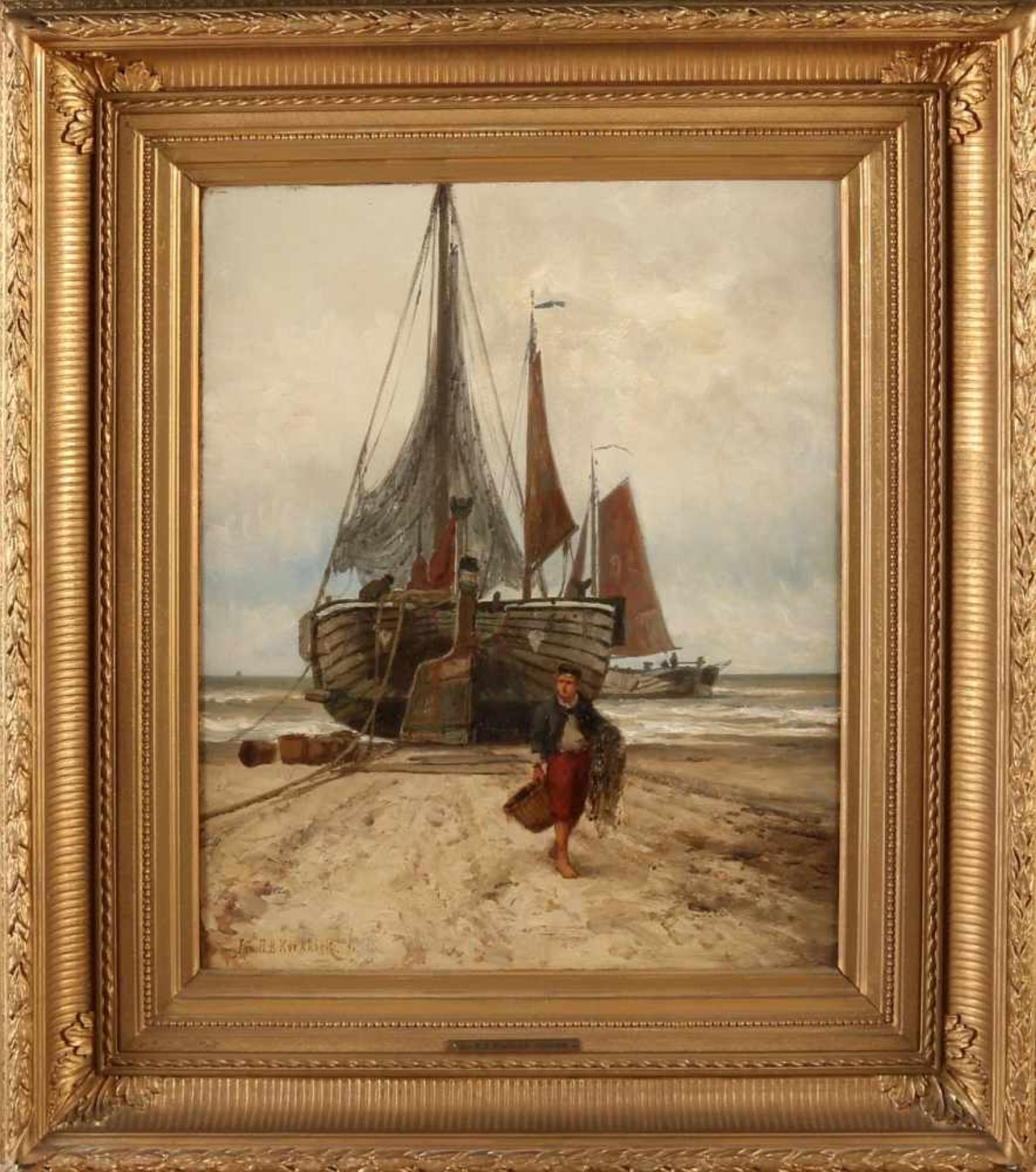 Jan H. B. Koekkoek 1840-1912 Bbomschuiten with fishermen on the beach oil on canvas 47x37 cm in good - Bild 2 aus 2