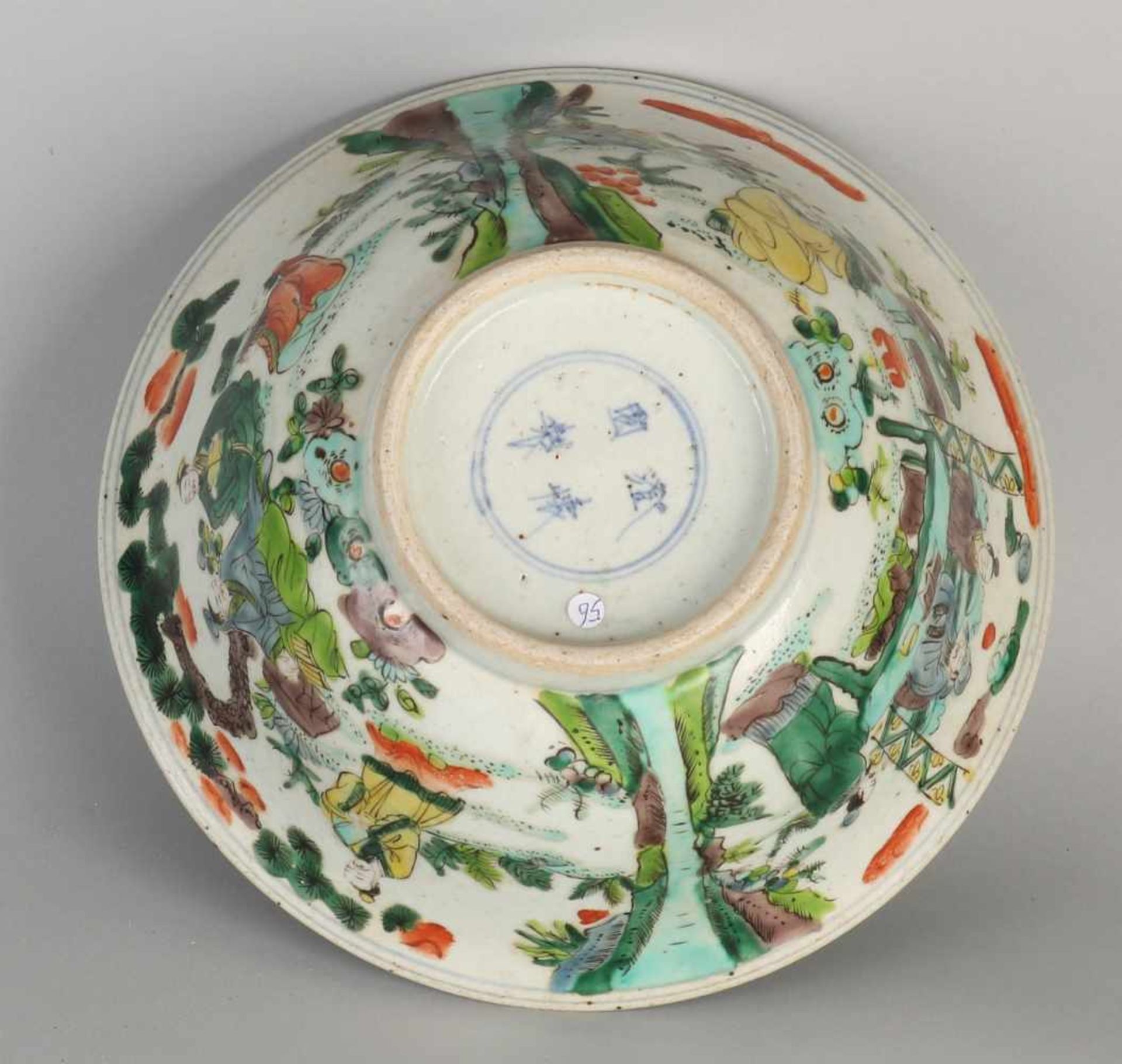 Large Chinese porcelain Family Verte bowl round figures decor and four signs bottom mark. Size: 10.8 - Bild 3 aus 3