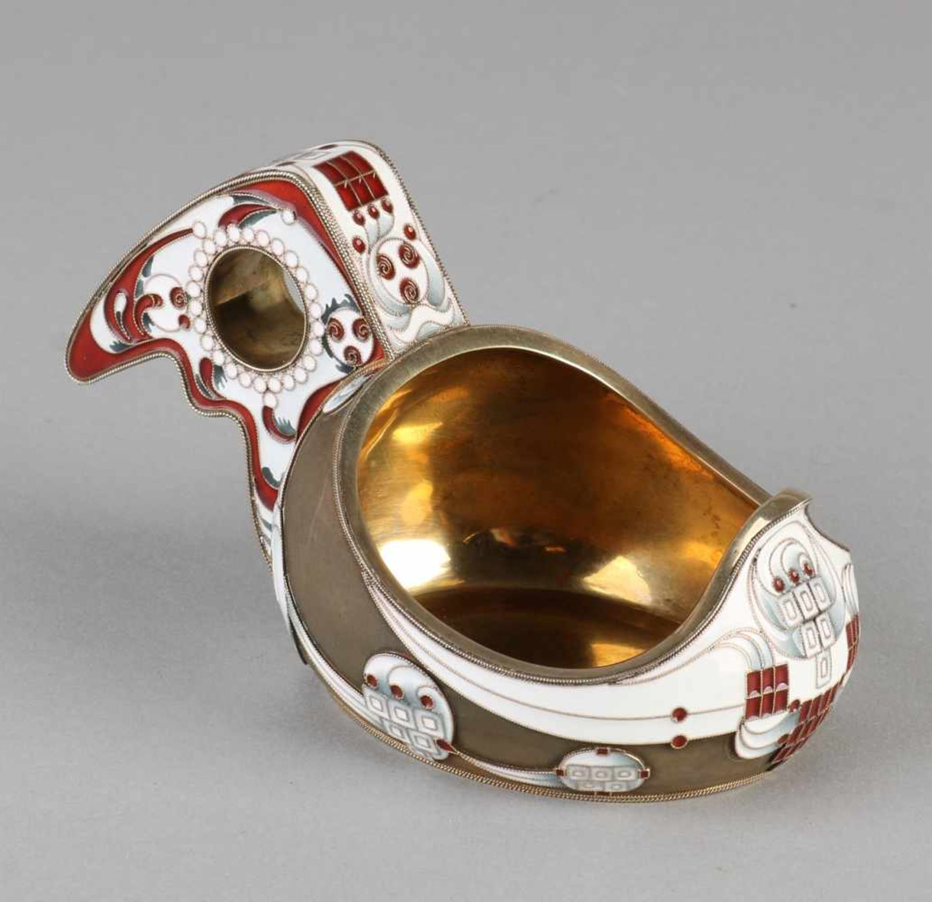 Silver kovsch, 84 zolotniks, provided with gold plating, in part with enamel decorations in white