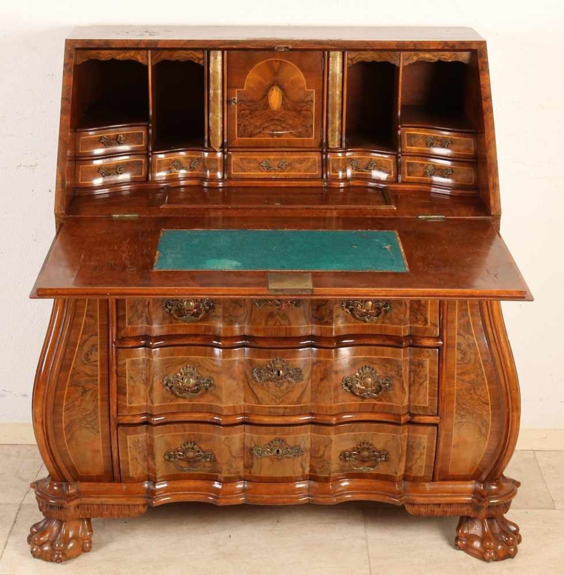 Dutch burl Baroque-style organ desk with curved front and double knees and claw feet. Second half