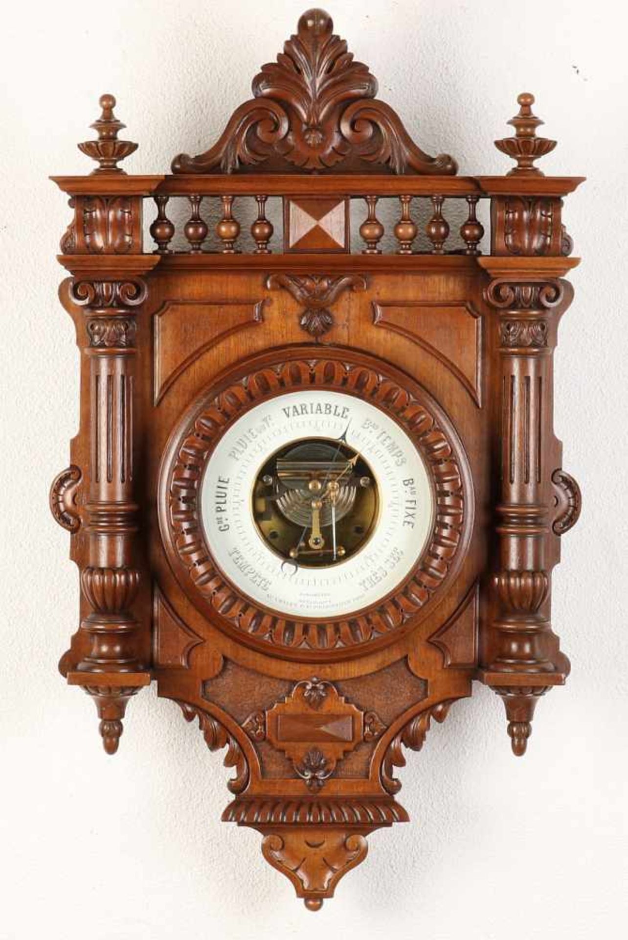 Large 19th century walnut clock barometer. With full columns, enamel dial and cartouches. Eight - Bild 2 aus 2