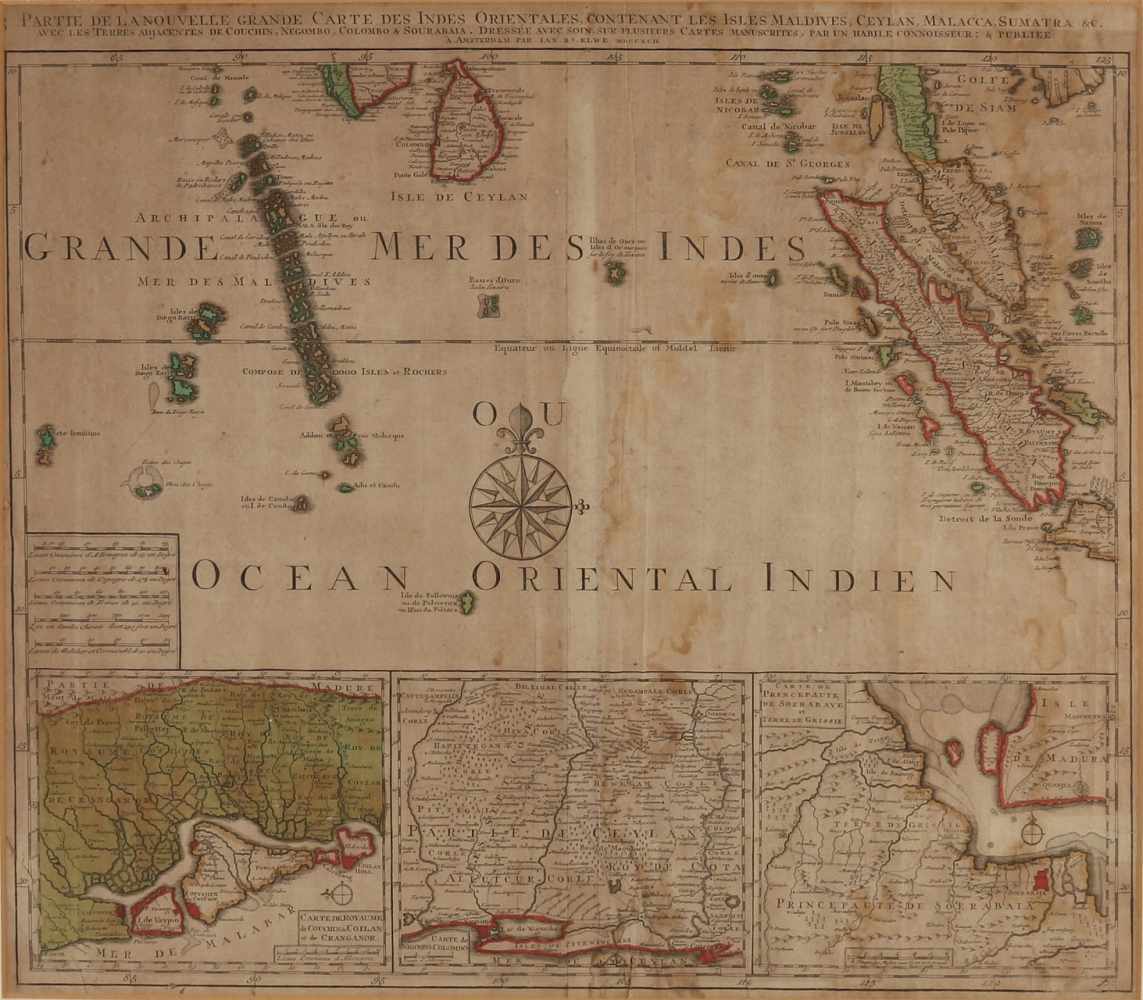 Two engravings + map. Map, 18th century, the Grande mer Indes, Amsterdam di B. Elwe. 18th Century - Image 2 of 4