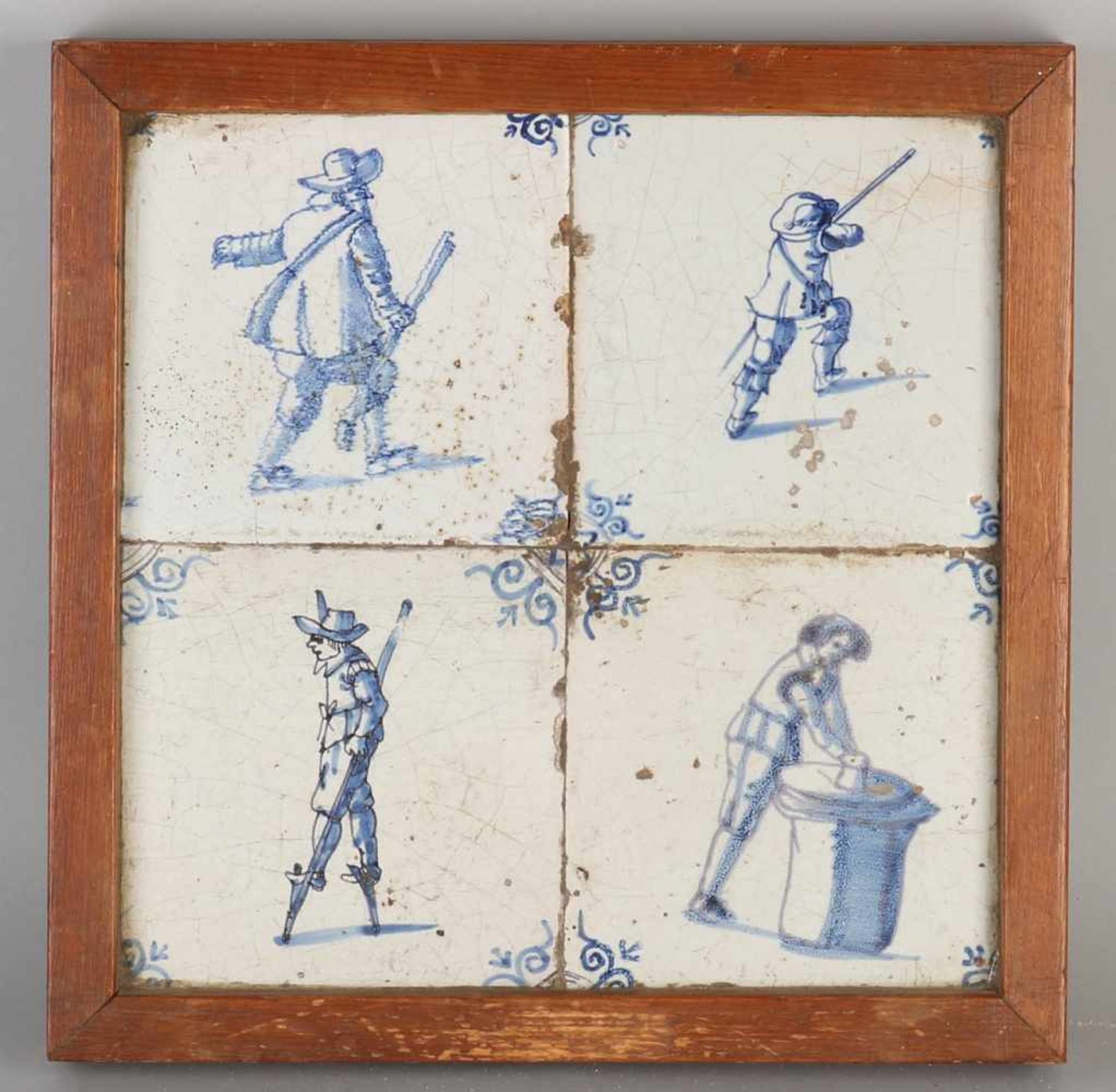 17th century Dutch 4-pass tile panel. Figures 2x with musket. 1x Stilt Walking. 1x Tanner.