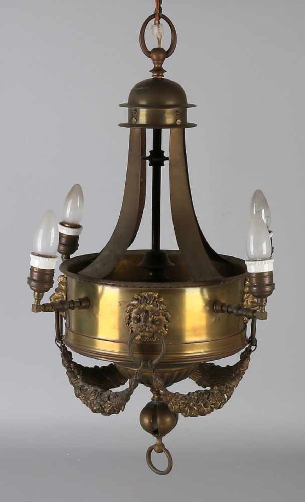 Antique Brass Hanging gas lamp. Four-light with lion heads and garlands. Circa 1900. Size: 60 x 43