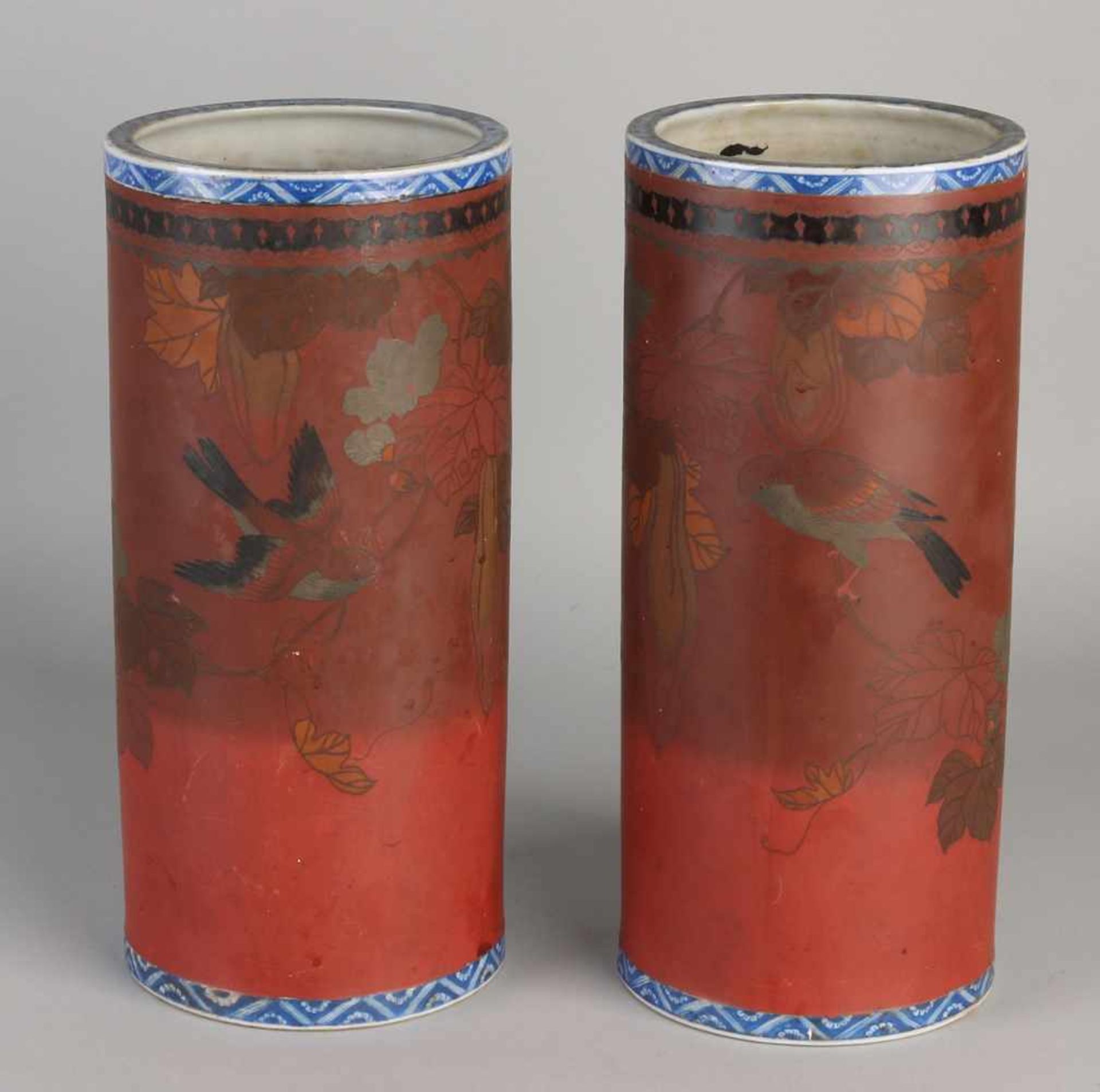 Two rare Chinese porcelain cylinder vases with brown glaze, birds / butterflies and floral decor.