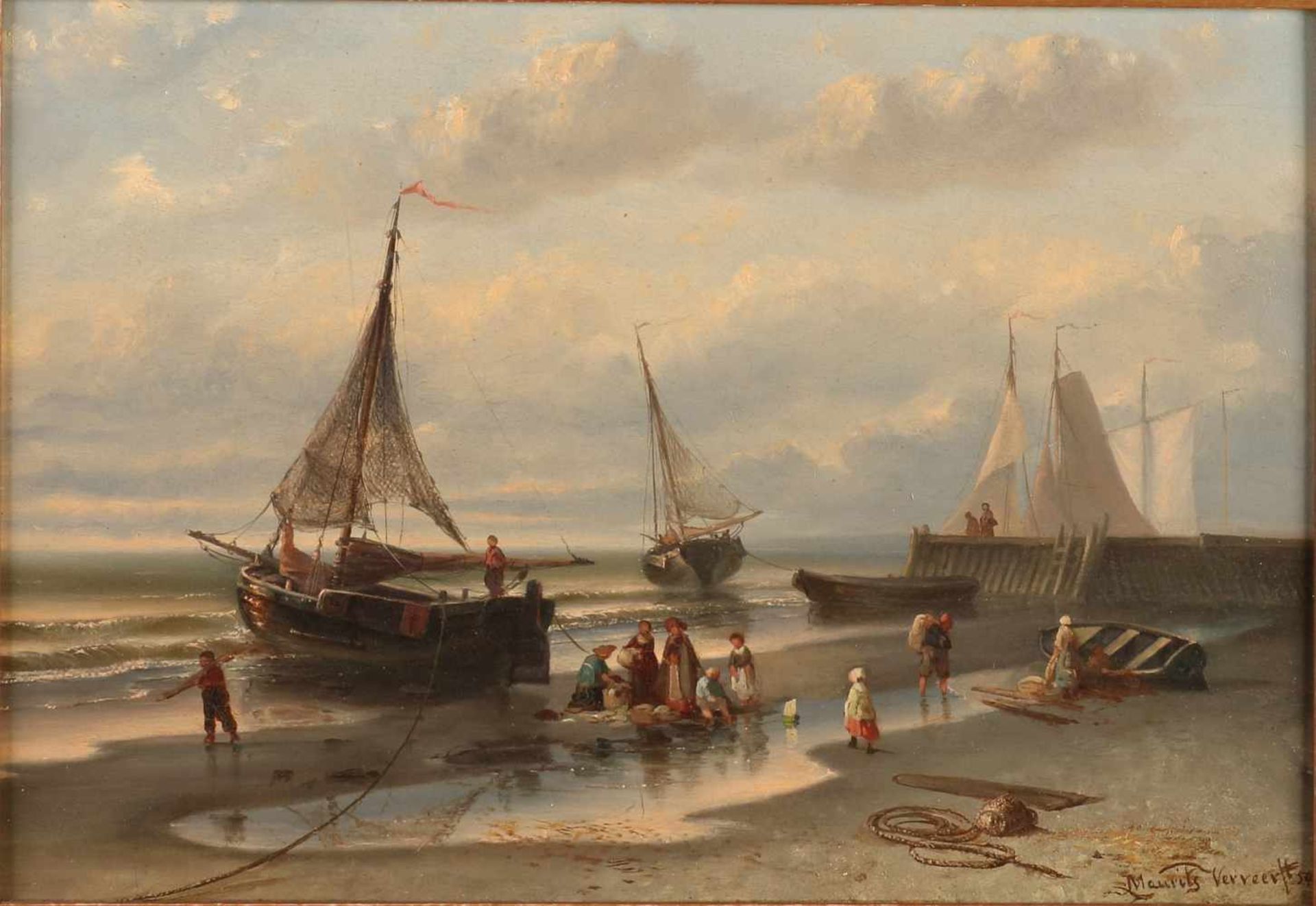 Mauritz Verveer Fecit '54. 1817 - 1903. Fisher People with boats on beach. Oil paint on panel. Size: - Bild 2 aus 2