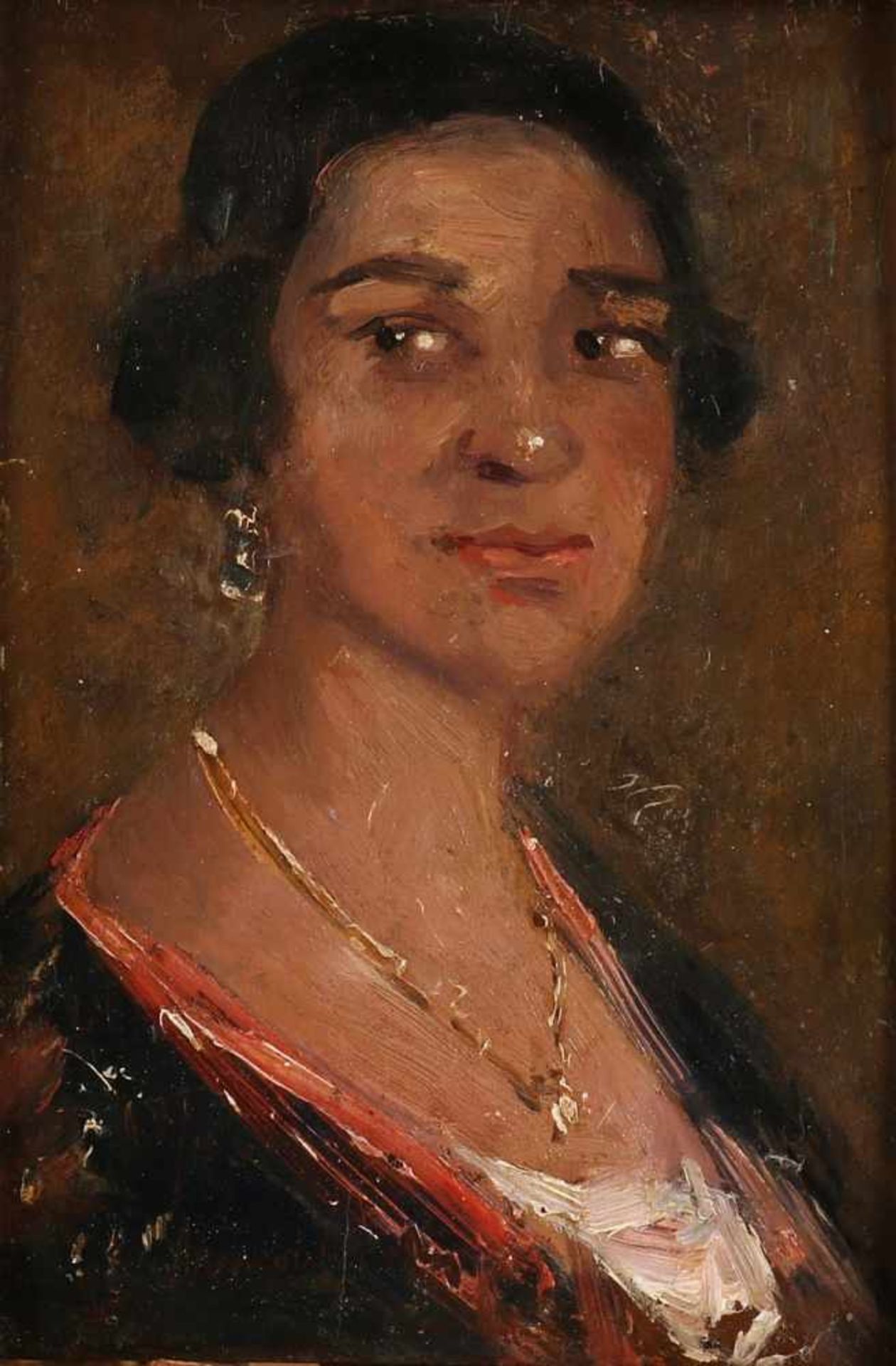 Simon Maris. 1873 - 1935. Black lady with jewelry. Oil paint on panel. Size: H 21.5 x W 15.5 cm.