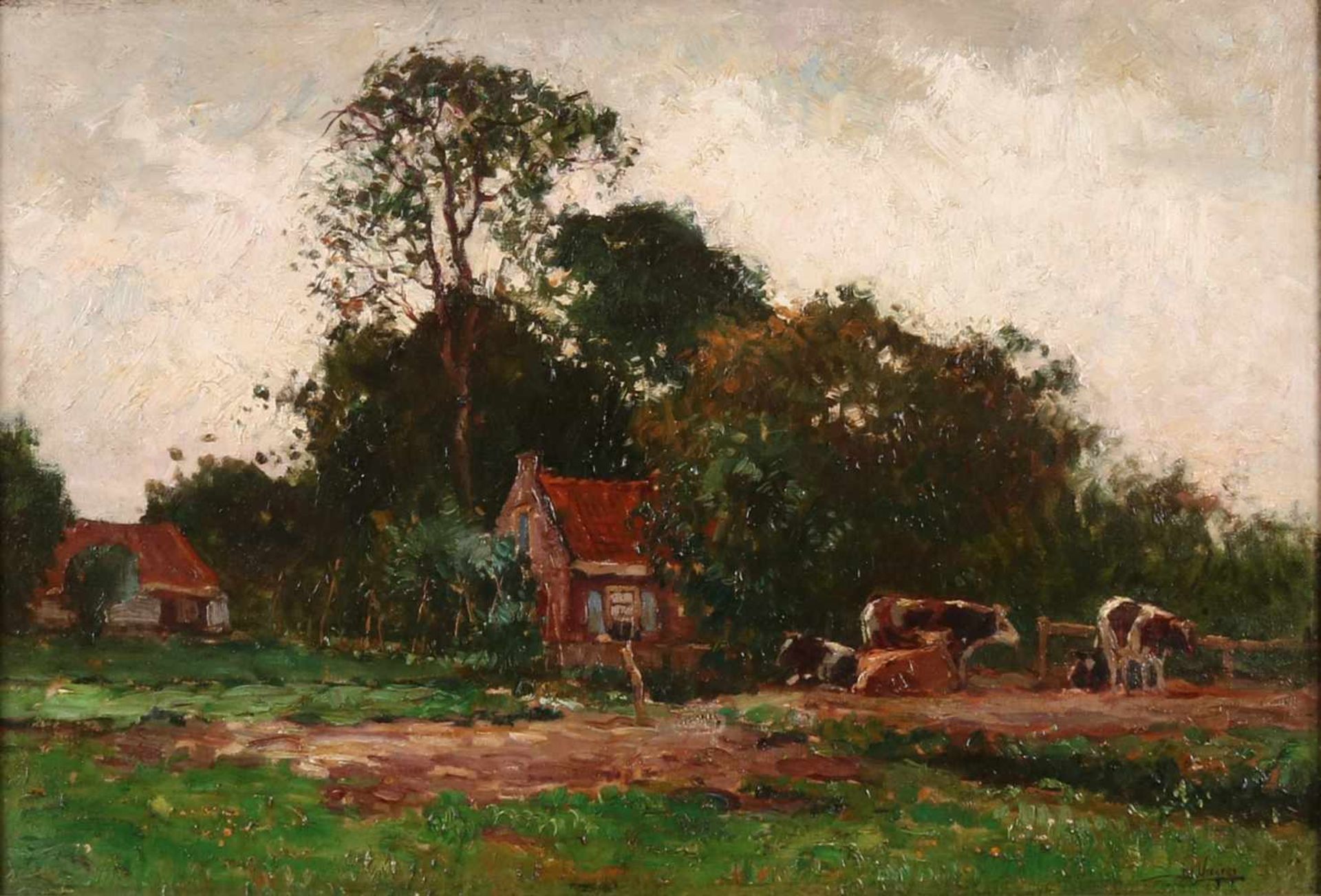 Ben Viegers. 1886 - 1947. Farm with cows. Damages. Oil on linen. Size: 40 x H, B 60 cm. In fair /