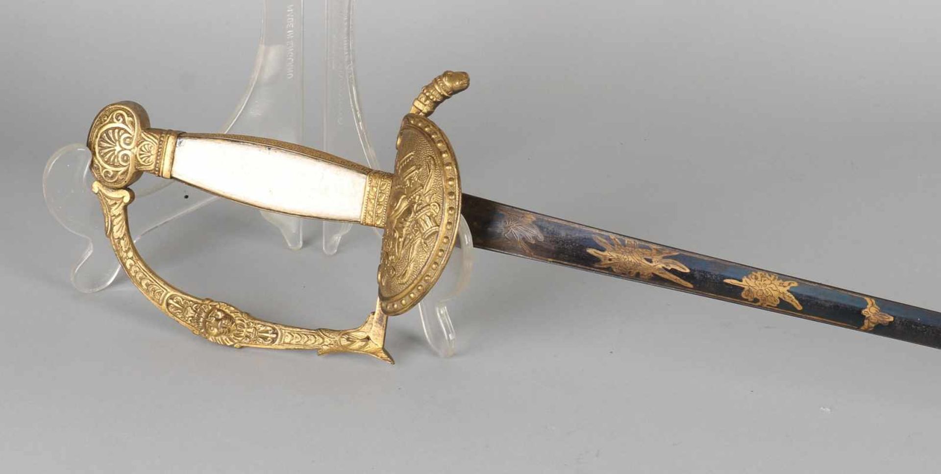 Antique Dutch gilded ceremonial sword. Heft is veneered with mother of pearl. Decor with helmet, - Image 2 of 2