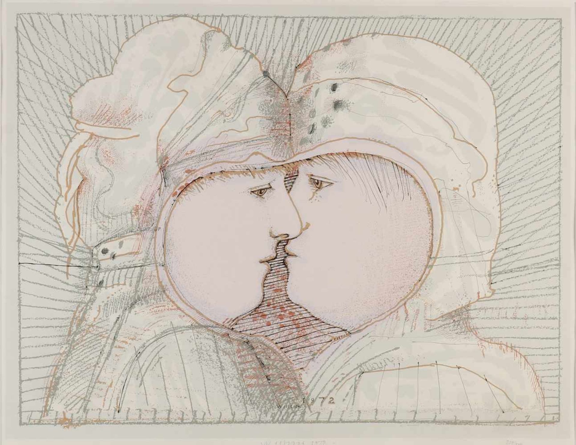 Co Westerik. 1972. 1924 - 2018 Nr. 254/300. Two people kissing. Lithograph on paper. Size: 54 x H, B