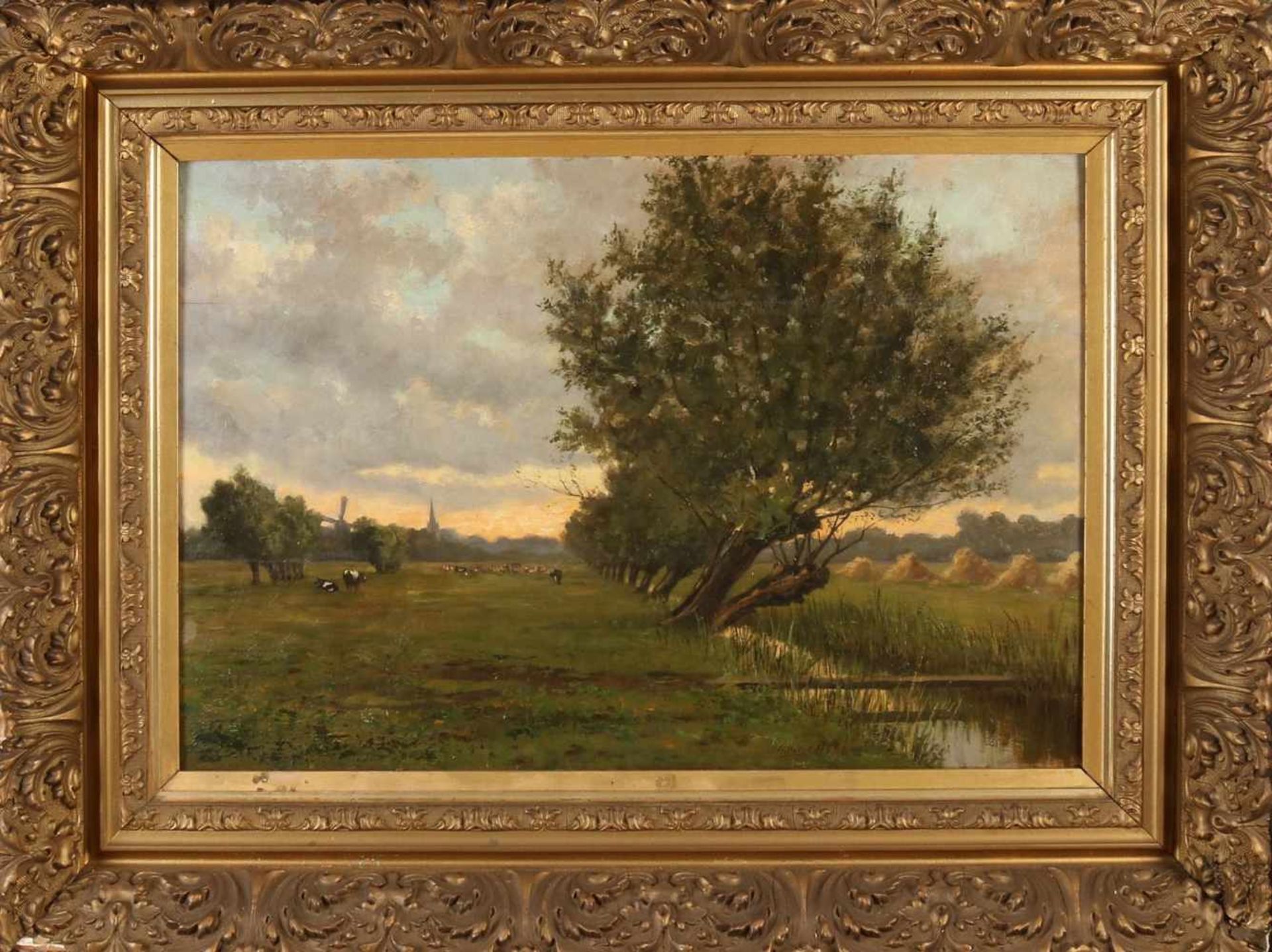 Willem Gerard Pieter van Dokkum. 1870 - 1931. Holland landscape with willows and the cows. Marouflé.