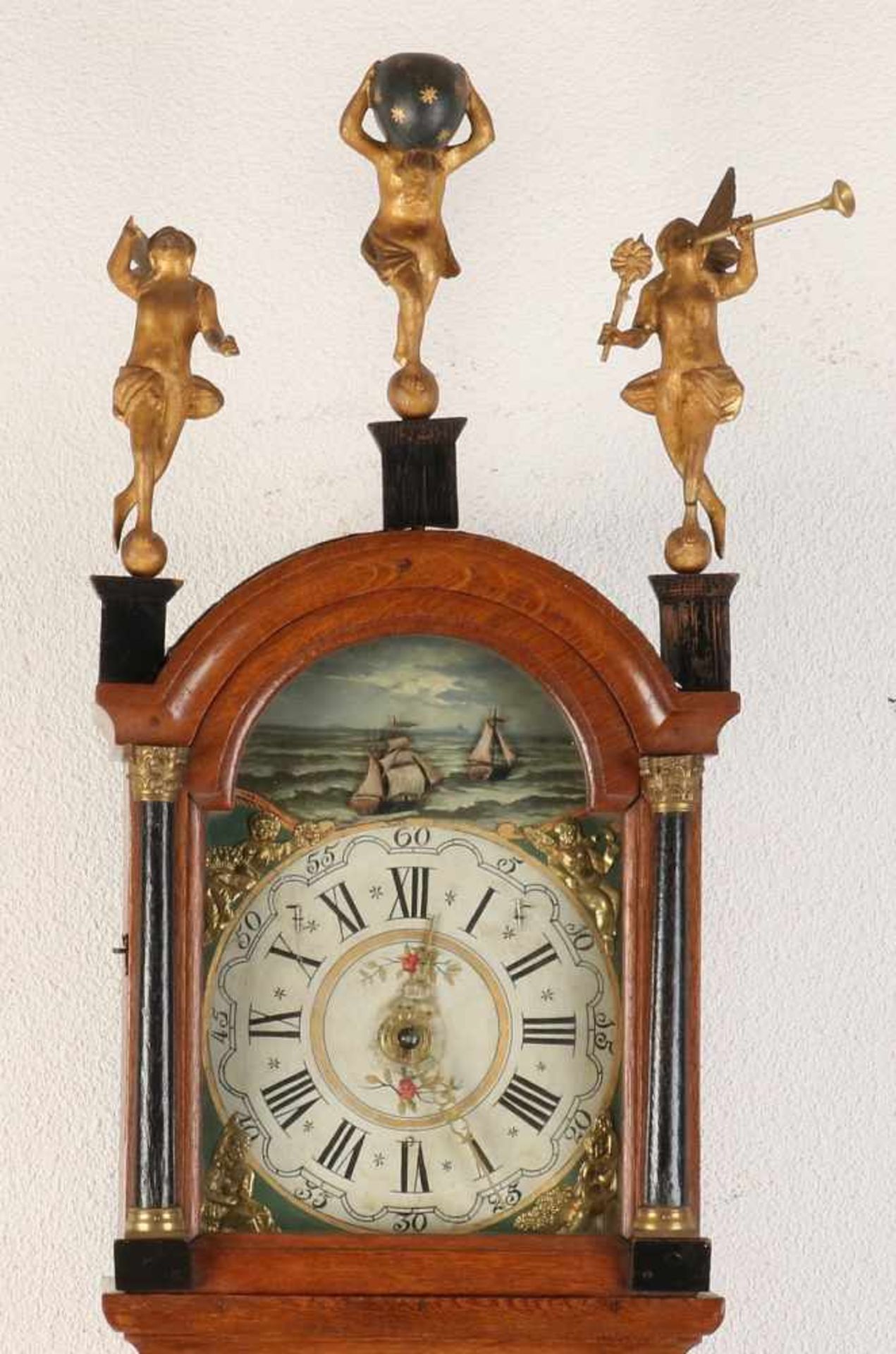 19th Century oak Frisian clock mechanism with boats. moving two ships. With alarm. Size: 110 cm. - Bild 2 aus 2