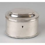 Silver tea chest, 833/000, oval model with pearl border. Equipped with hinged cover with lock, key