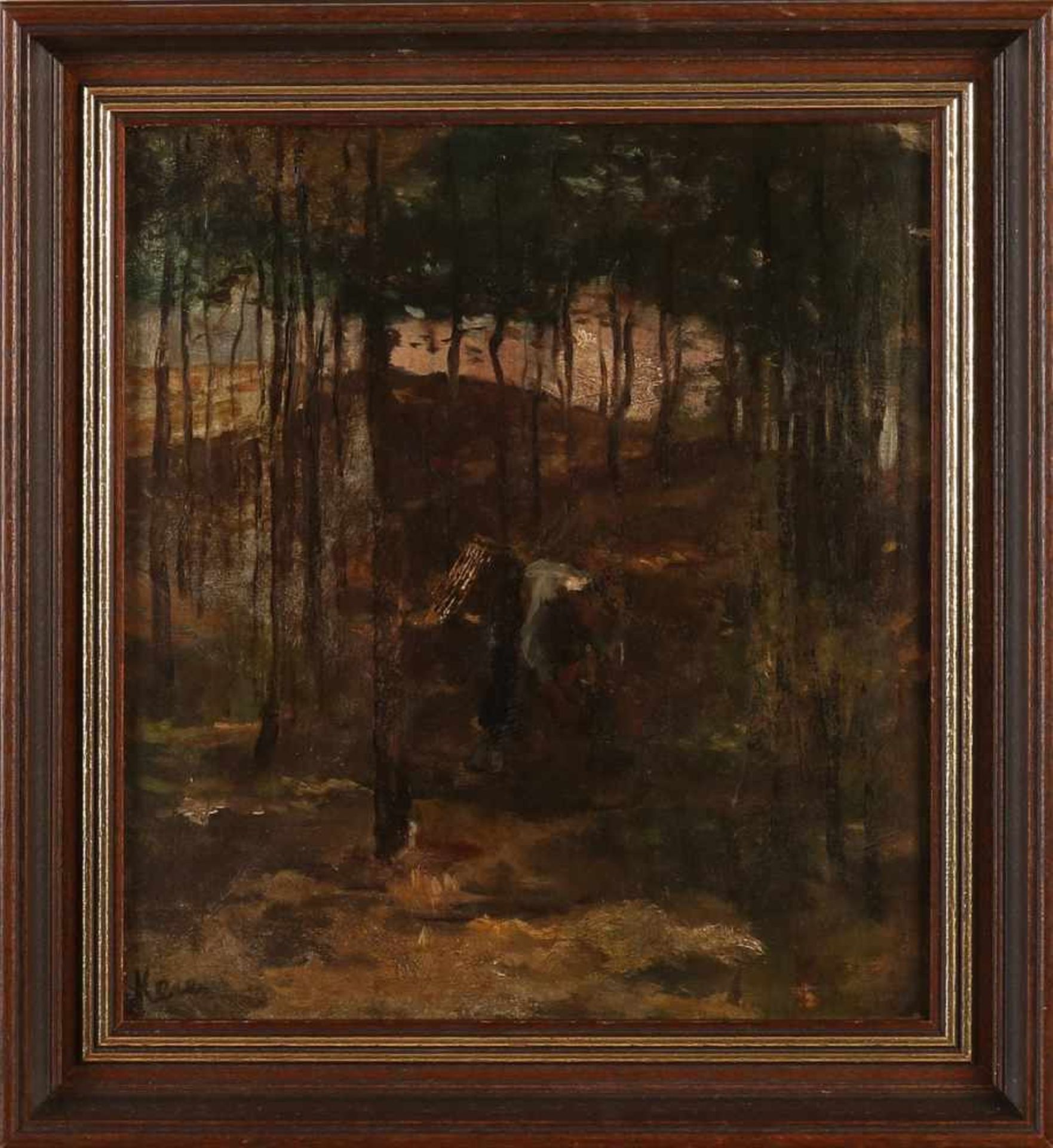 Hein Kever. 1854 - 1922. Farmer seeks deadwood. Oil on linen. Marouflé. Size: 33 x H, B 29 cm. In