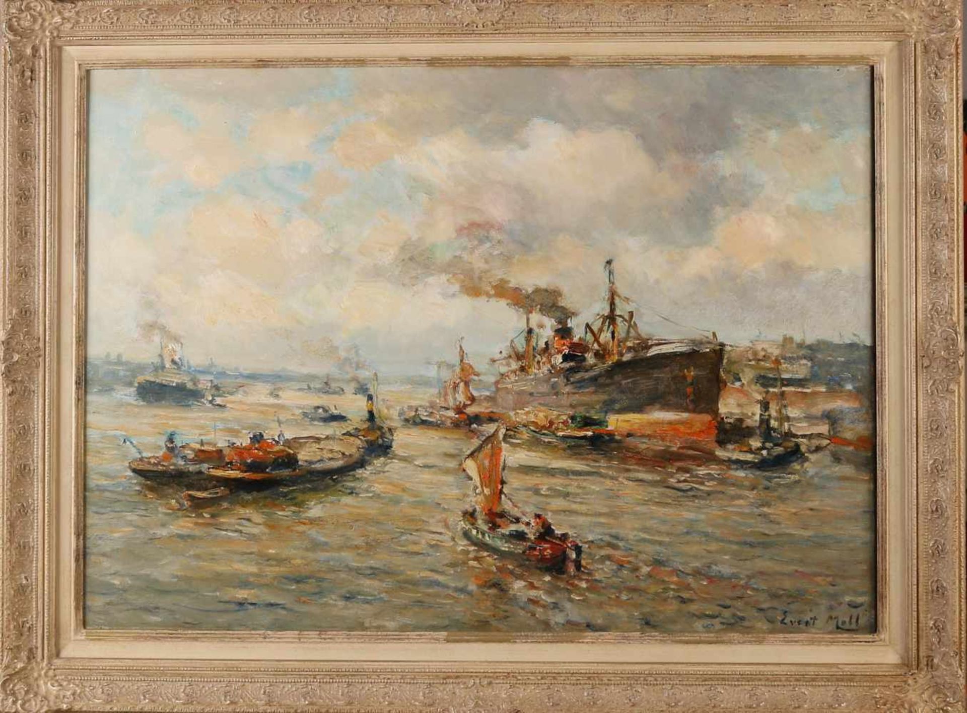 Evert Moll 1878-1955 Rotterdam port with many ships oil on canvas 60x80 cm in good condition.